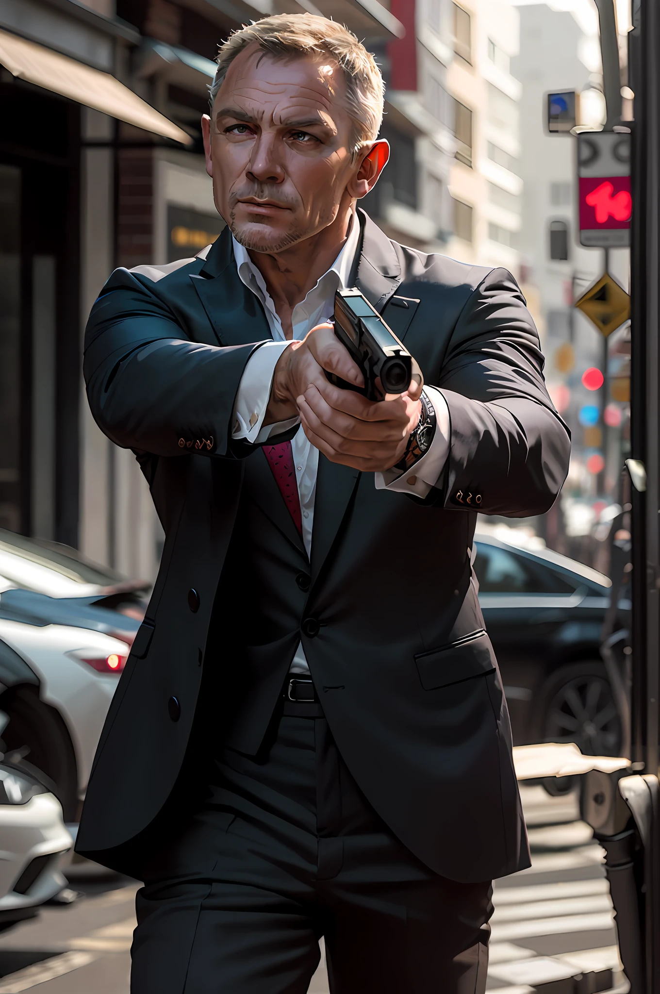 Alafed man in suit with gun in courtyard, Photo by Alexander Fedsaf, pexels, Fine Art, James Bond film stills, still photo of james bond, Putin: James Bond 0 0 7, Daniel Craig, Pierce Brosnan: James Bond, James Bond, action movie still, in an action pose, drenching