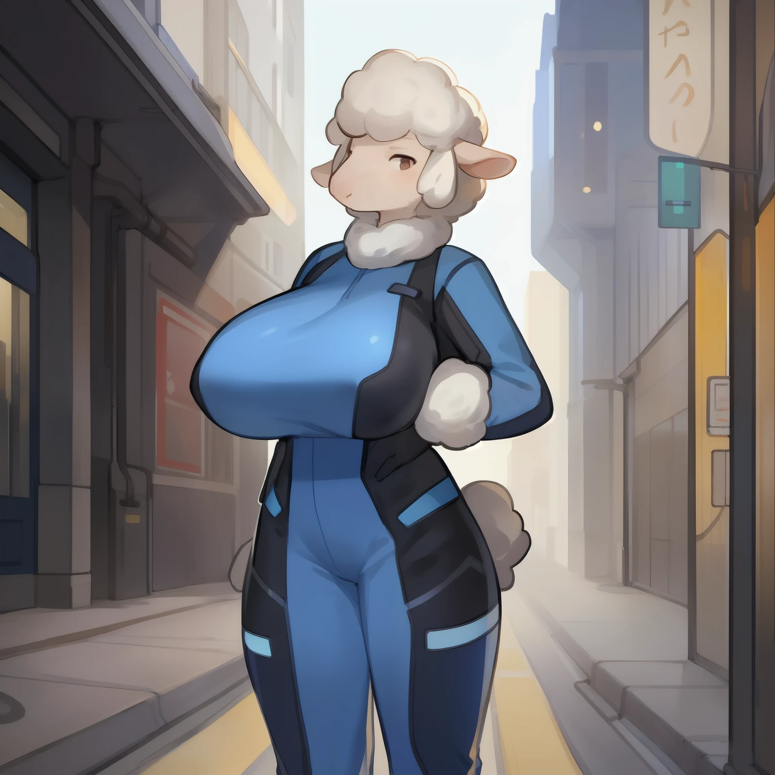 Solo, female, black and blue spacesuit, ((hair, snout)), sheep, by bebebebebe, standing, street, big breasts, grey wool