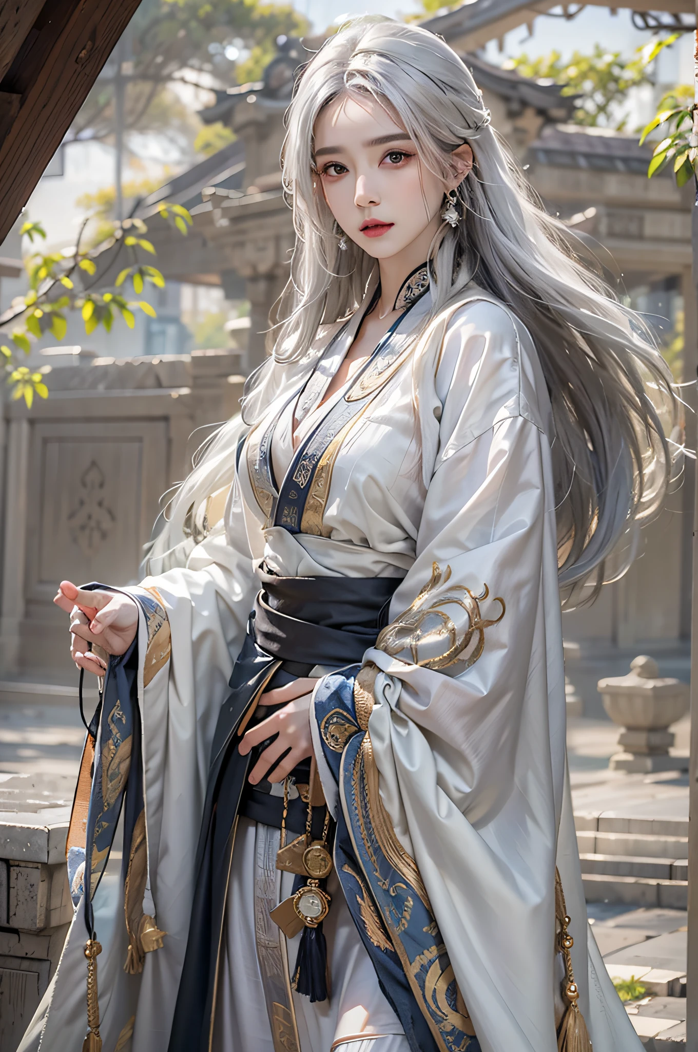 Photorealistic, high resolution, 1womanl, Solo, Hips up, view the viewer, (Detailed face), White hair, Long hair, taoist robe,Oversized clothes, jewelry