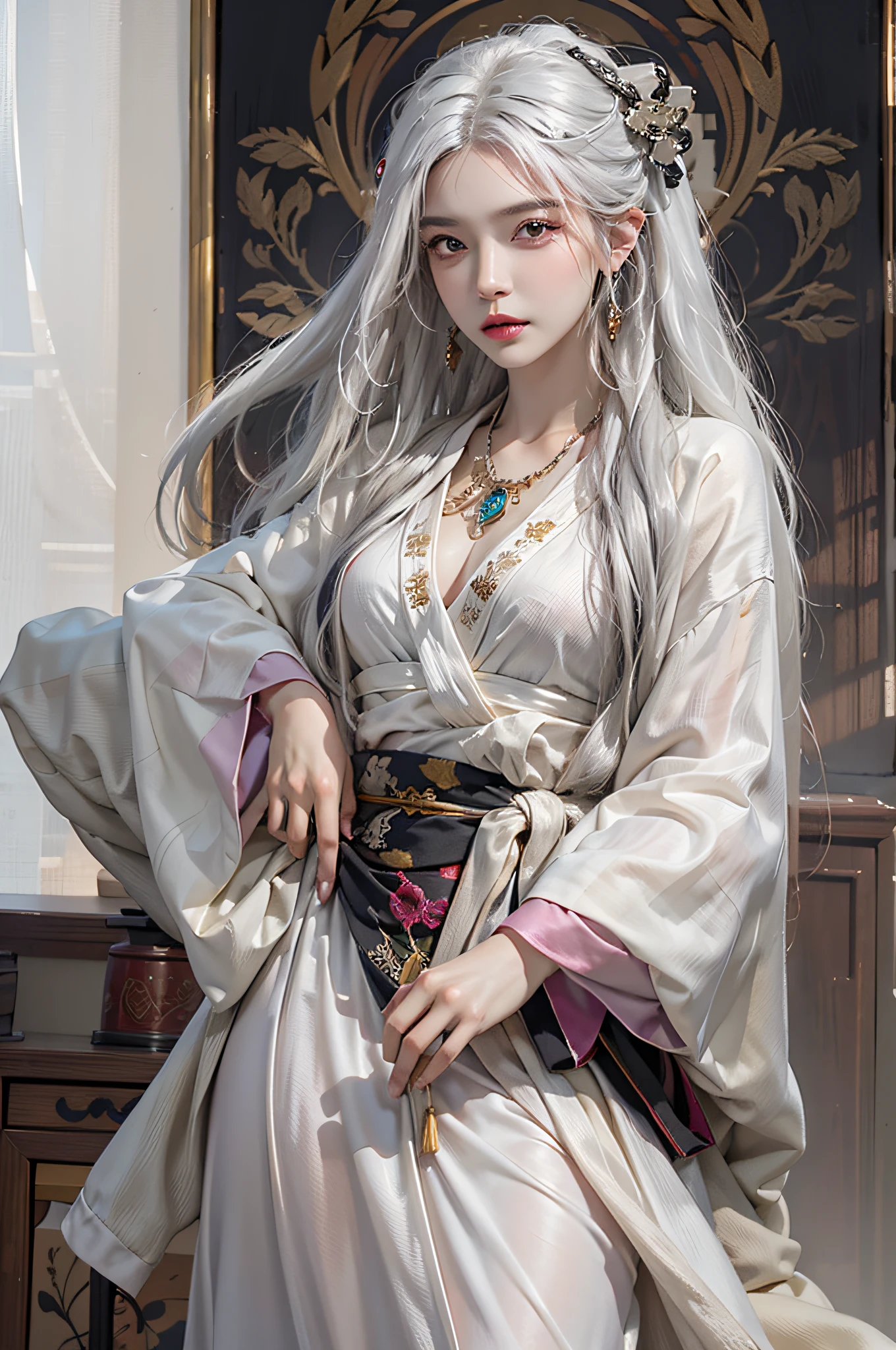 Photorealistic, high resolution, 1womanl, Solo, Hips up, view the viewer, (Detailed face), White hair, Long hair, taoist robe,Oversized clothes, jewelry