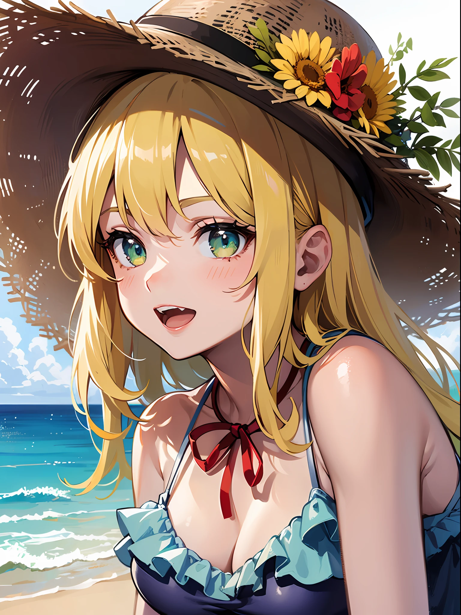 (masterpiece:1.3), (best quality:1.3), high resolution, 


upper body, 
leaning forward, body facing forward, 

(one cute girl:1.3), solo, 
white skin, small Breast, eight-headed person, 
light yellow hair, long hair, red ribbon, fluffy hair, beautiful hair, green eyes, beautiful detailed eyes, 

open mouth, cheerful smile, 

swimsuit, straw hat, frill, 

outdoors, ocean, beach, 

shadowlighting,