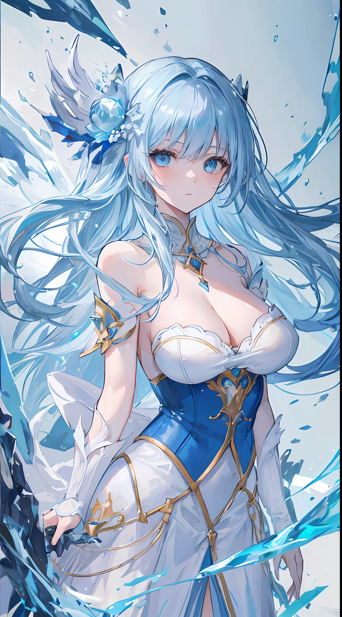 1mature girl, light blue hair, sharp ice-blue eyes, wears white dress with medium boobs, she is goddess of ice , make it like tarot anime-style but no frame