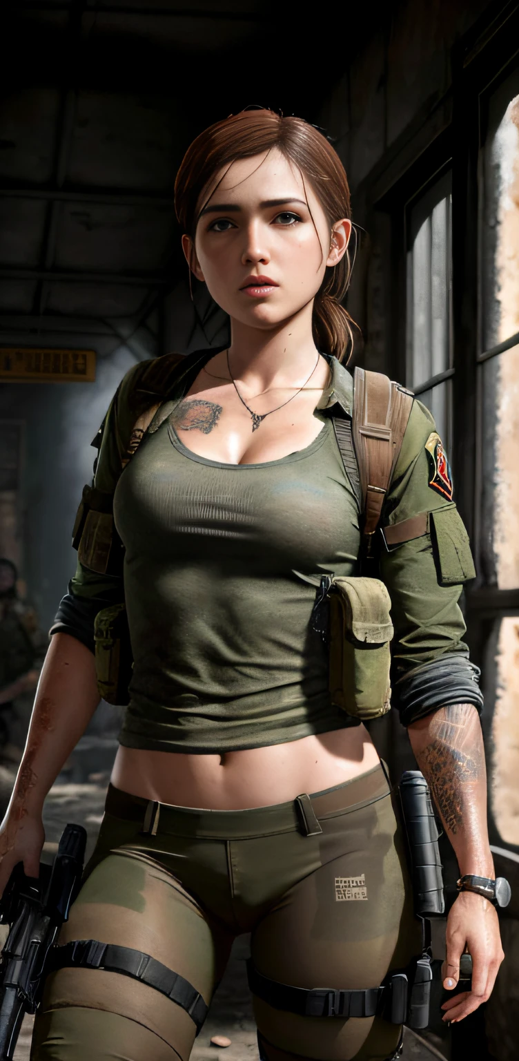 rosto da ellie com 19 anos, roupa militar, com armamento, corpo magro, quadril pequeno, bunda empinada, corpo inteiro, sorrindo, gray pantyhose, 4k, realista, the Last of Us, destroyed world, imagem de fundo numa sala de armas