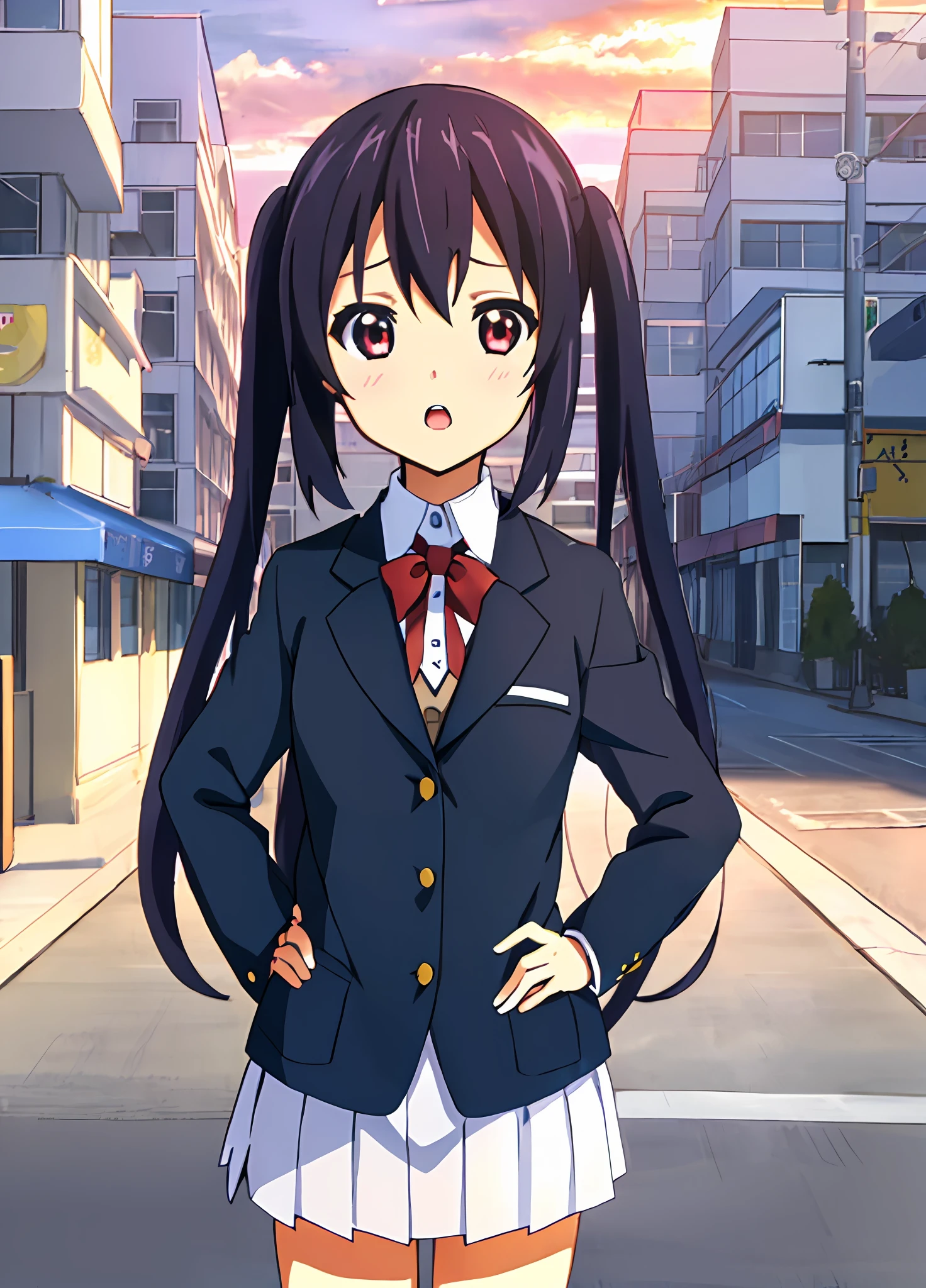 1girl, (((​masterpiece))), top-quality, top-quality, High Details, nakano azusa, 1girl, Sakuragaoka High School Uniform, student clothes, Twin-tailed, length hair, A dark-haired, brown-eyed, 独奏, reddish, Dark blue blazer with thin red ribbon, Solid white buttoned shirt under blazer, illustratio, comic strip, soothing tones, Subdued Color, Soft cinematic light, adobe lightroom, photolab, HDR, intricately and hyper-detailed、(((depth of fields))))。(((​masterpiece)))。(((top-quality))).)((ultra-detailliert)))。(((illustratio)))。(((takeout))).dynamic focus.big breasts.(((Skyscrapers))).(((A city scape))).(((Face of sadness))). open mouth.(((put hands on the hip))).(((up chest))).((evening glow)).((the setting sun)).