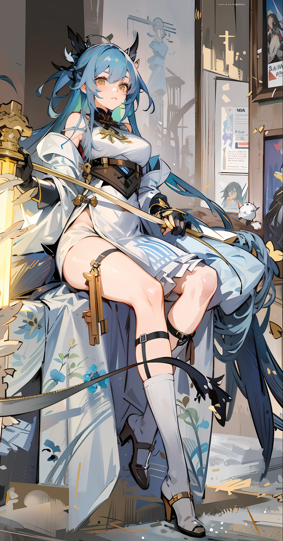 Anime girl sitting on bed with sword and sword, Fine details. Girl Front, trending on artstation pixiv, From Arknights, from girls frontline, Detailed key anime art, Kushatt Krenz Key Art Women, Genshin, Pisif, Highest rated on Pisif, at pixiv, Guweiz in Pixiv ArtStation