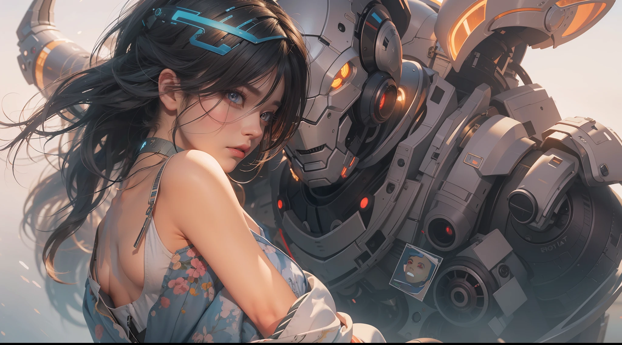 （best qualtiy，ultra - detailed，Best Illustration，Best shadow，masterpiece，A high resolution，professionalartwork，famous artwork），sci-fi，It depicts a young couple wearing colored sclera and a huge alien big cute with robot eyes， by Makoto Shinkai，by Artgerm，by wlop，by Greg Rutkowski，Volumetric lighting，octane render，4K，Trending on ArtStation，masterpiece