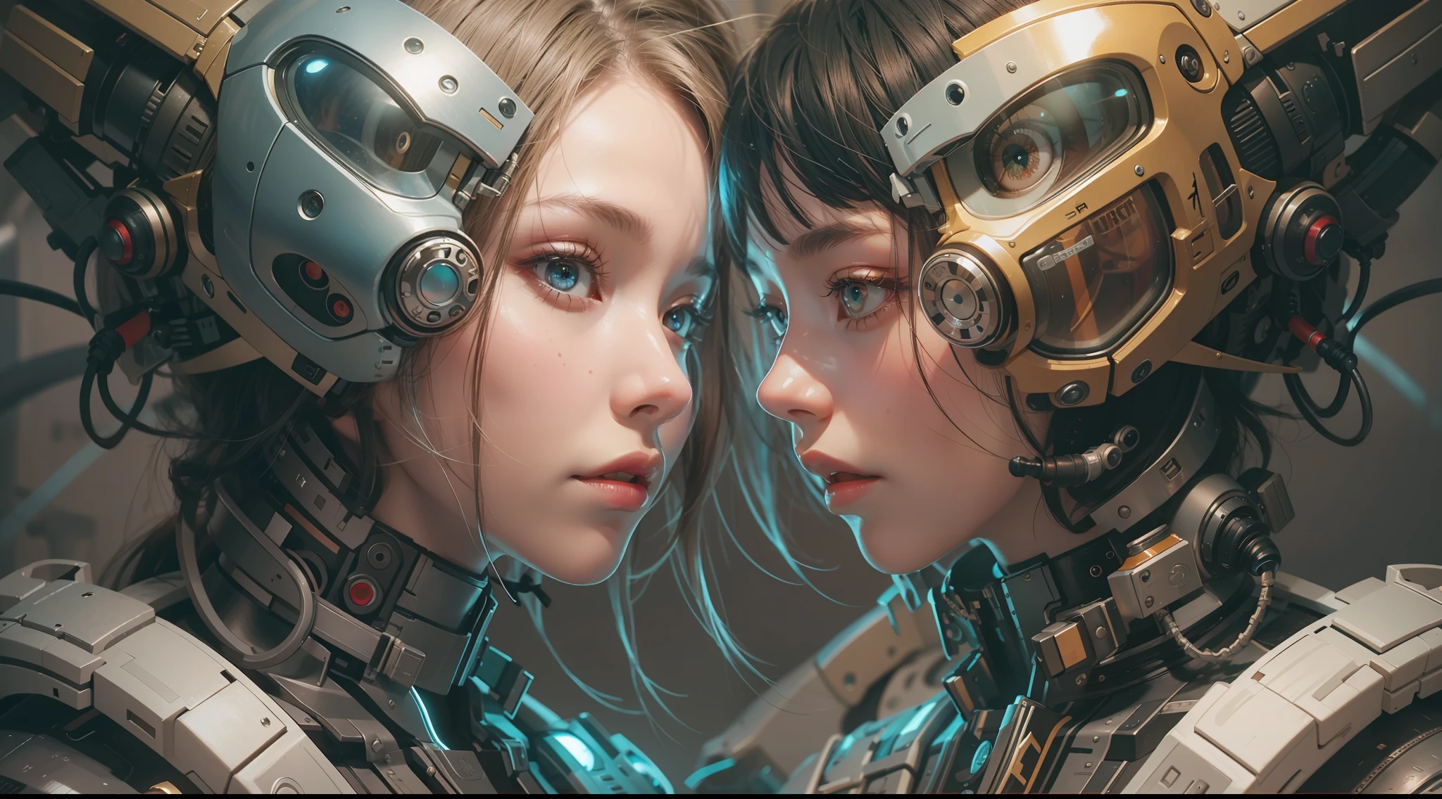 (best qualtiy,ultra - detailed,Best Illustration,Best shadow,masterpiece,A high resolution,professionalartwork,famous artwork),sci-fi,It depicts a young couple wearing colored sclera and a huge alien big cute with robot eyes, by Makoto Shinkai,by Artgerm,by wlop,by Greg Rutkowski,Volumetric lighting,octane render,4K,Trending on ArtStation,masterpiece