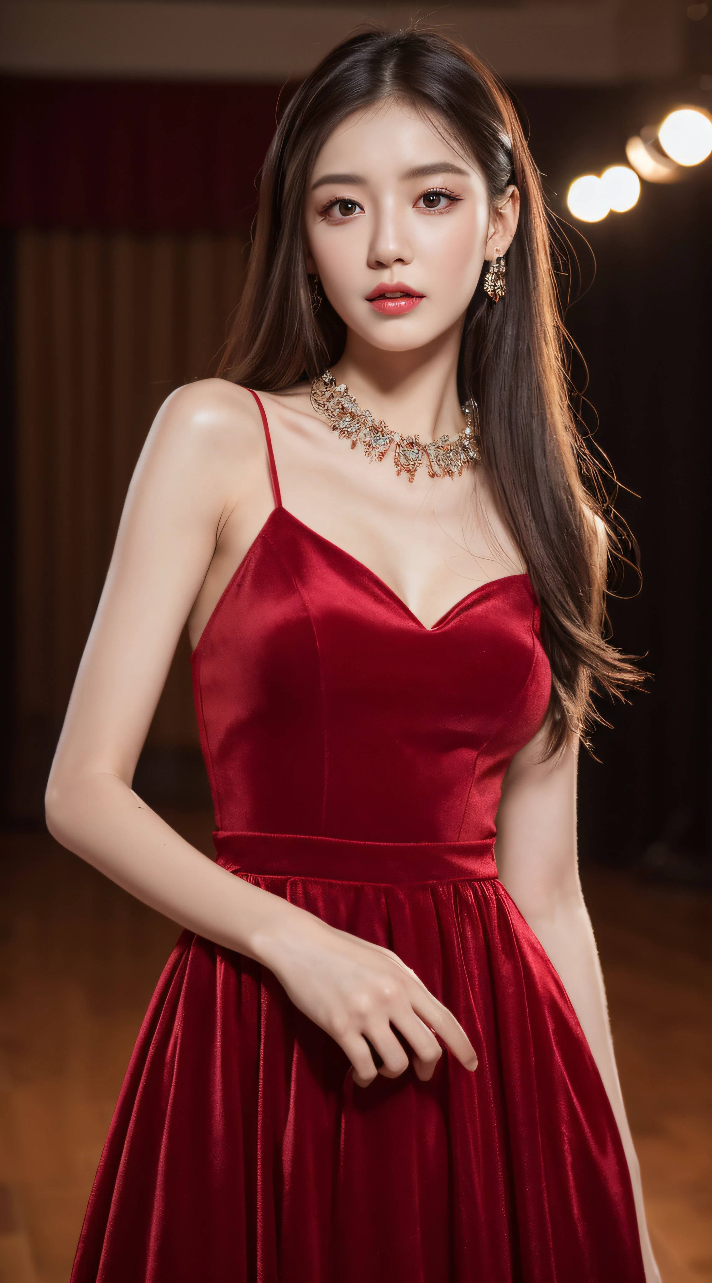 ((Best quality, 8k, Masterpiece)), A beautiful woman with perfect body, Slim abdomen, red velvet long dress, full body, long hair, in a ballroom, Highly detailed face and skin texture, Detailed eyes, Double eyelid,