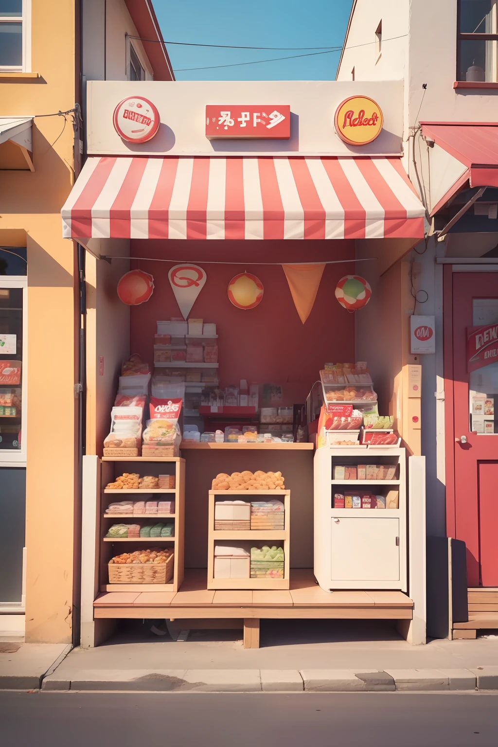 In front of the snack shop，Red is predominant，Add cartoon stickers，Ask for festivity，frontage，closeup cleavage