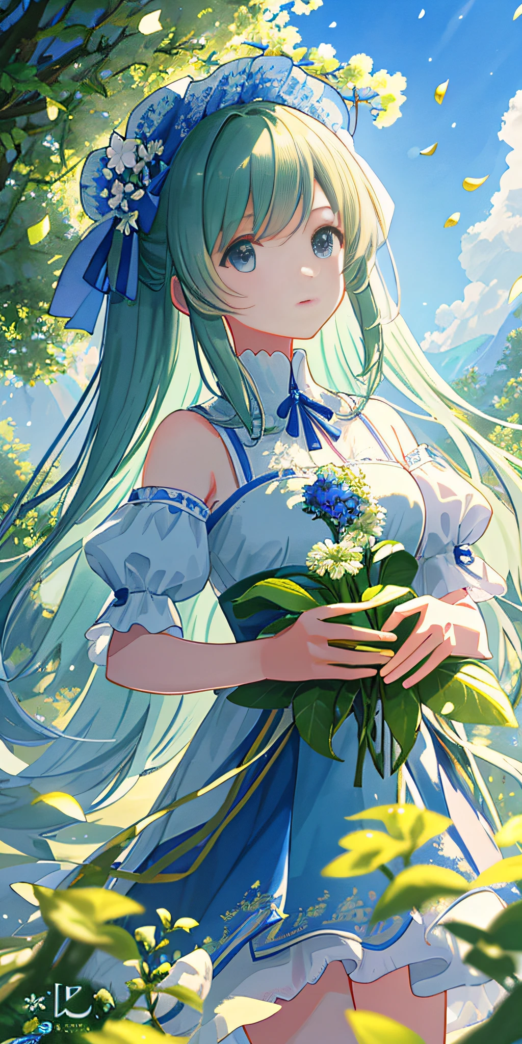 Masterpiece, best quality, (very detailed CG unity 8k wallpaper) (best quality), (best illustration), (best shadows) Nature', blue sea,delicate leaves petals of various colors falling in the air light Tracking, super detailed --v6