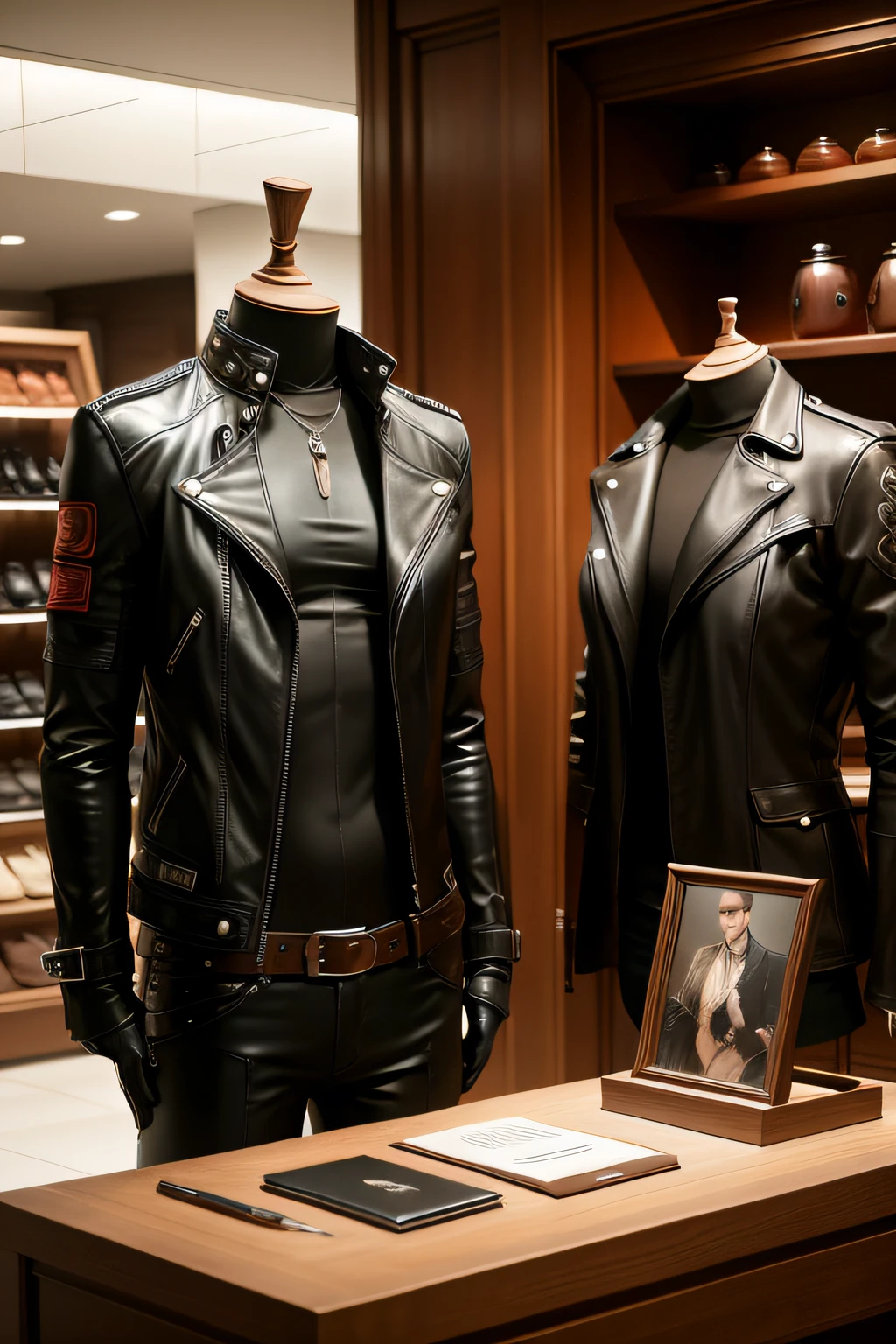 Leather clothing leather goods still life display