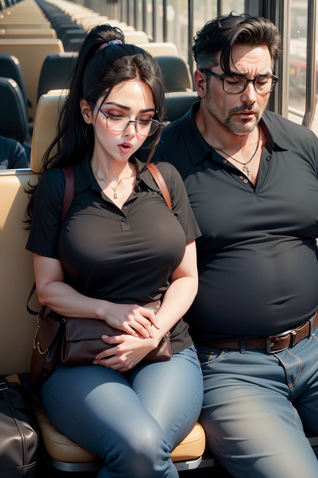 1 beautiful woman, large body, 50-year-old man, black hair, ponytail, eyelids with makeup, eyelids outlined with makeup, black polo shirt with neckline, neckline, blue shirt over black polo shirt, light blue jeans, orange handbag, blue glasses, sleeping with her mouth open, asleep on the bus seat, head hanging, mouth wide open, nodding.