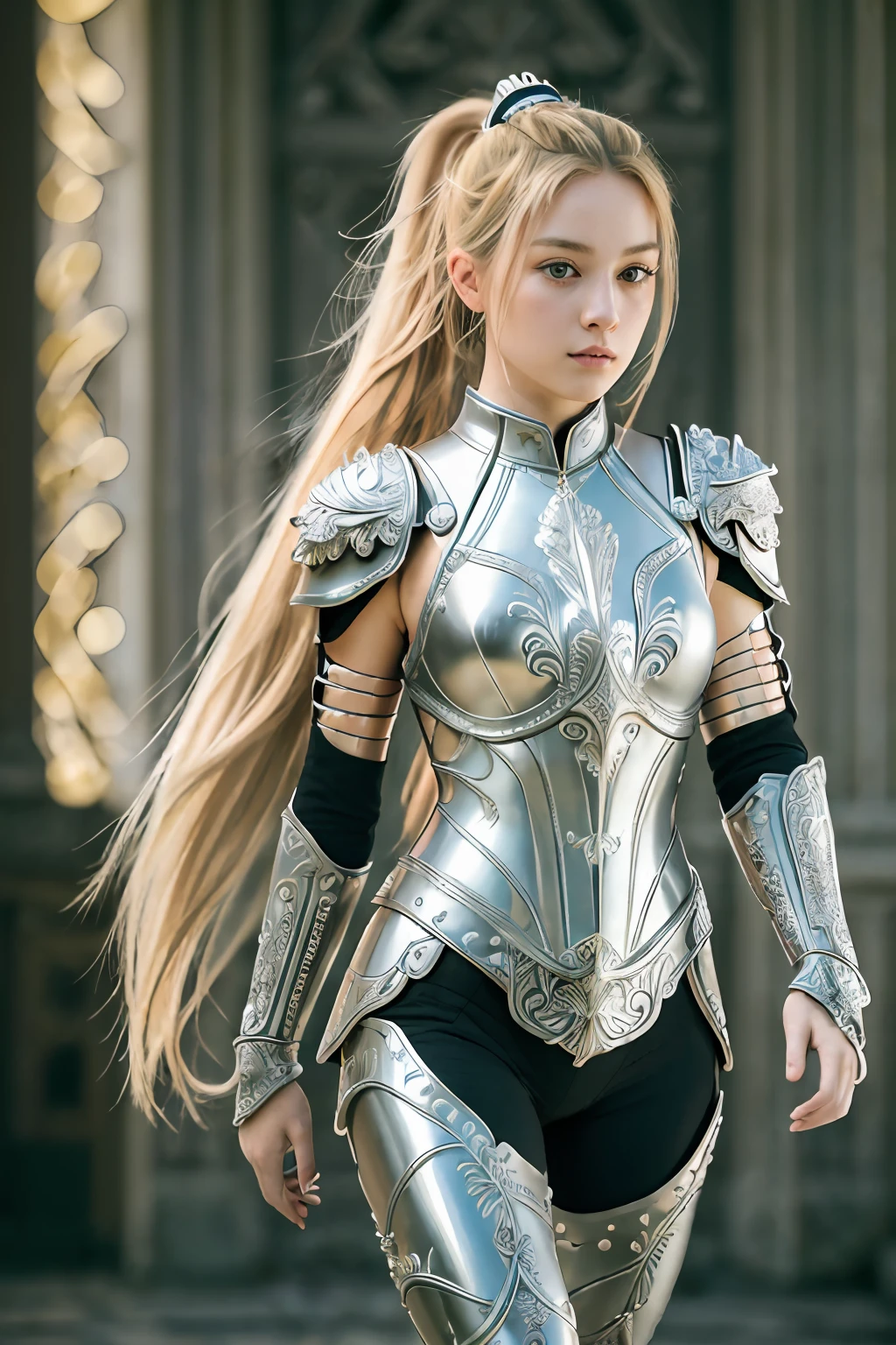 (8K, best quality:1.2), (masterpiece:1.37), (photo, photorealistic:1.37), (ultrahigh-res), full body, walking pose, shot from front, slow motion, female paladin wearing the full body, (light silver armour:1.2),(ornately decorated armor), (insanely detailed, bloom:1.5), (highest quality, Alessandro Casagrande, Greg Rutkowski, Sally Mann, concept art, 4k), (analog:1.2), (high sharpness), (detailed pupils:1.1), detailed face and eyes, Masterpiece, best quality, (highly detailed photo:1.1), (long blonde Hair, ponytail,ecstatic:1.1), (young woman:1.1), sharp, (perfect body:1.1), realistic, real shadow, 3d, (temple background:1.2), (by Michelangelo), photographed by Canan EOS R6, 135mm, 1/1250s, f/2.8, ISO 400