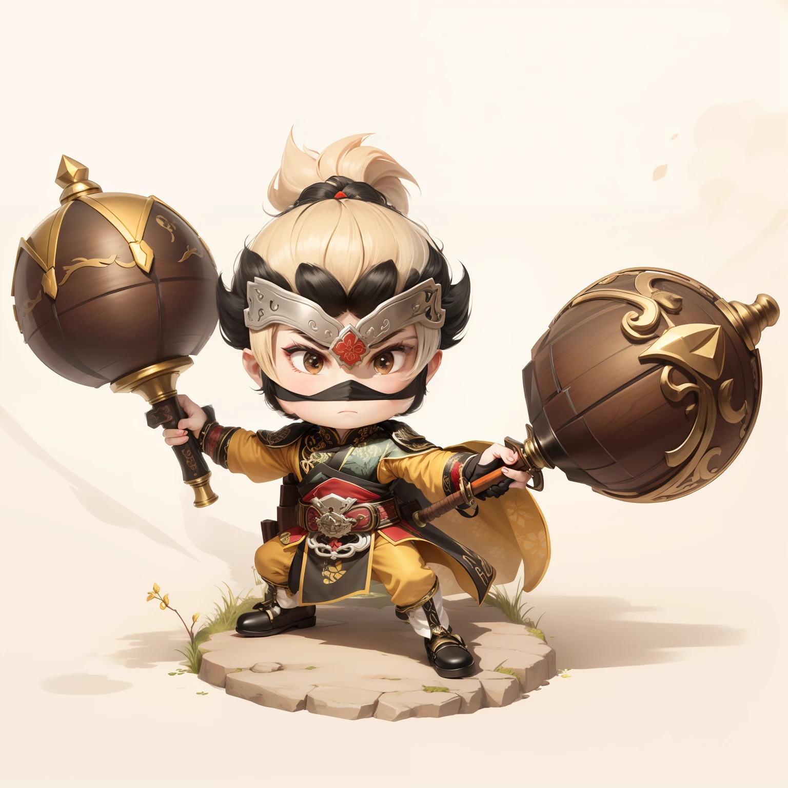 male people,Male characters,tchibi,Bad,Twin hammer weapon,Double hammer,The hammer has a delicate pattern,Flowing hem,China-style,Chinese-style clothing,Chinese shoes,There are beautiful patterns on the weapon grips,Refinement,Fine painting,Refinement,infinite details,high definition detail,Delicate belt,Belt accessories,Male characters,Blindfolds,Black color hair,Patterned,Pattern,Blank background,Bright colors,Metal edging