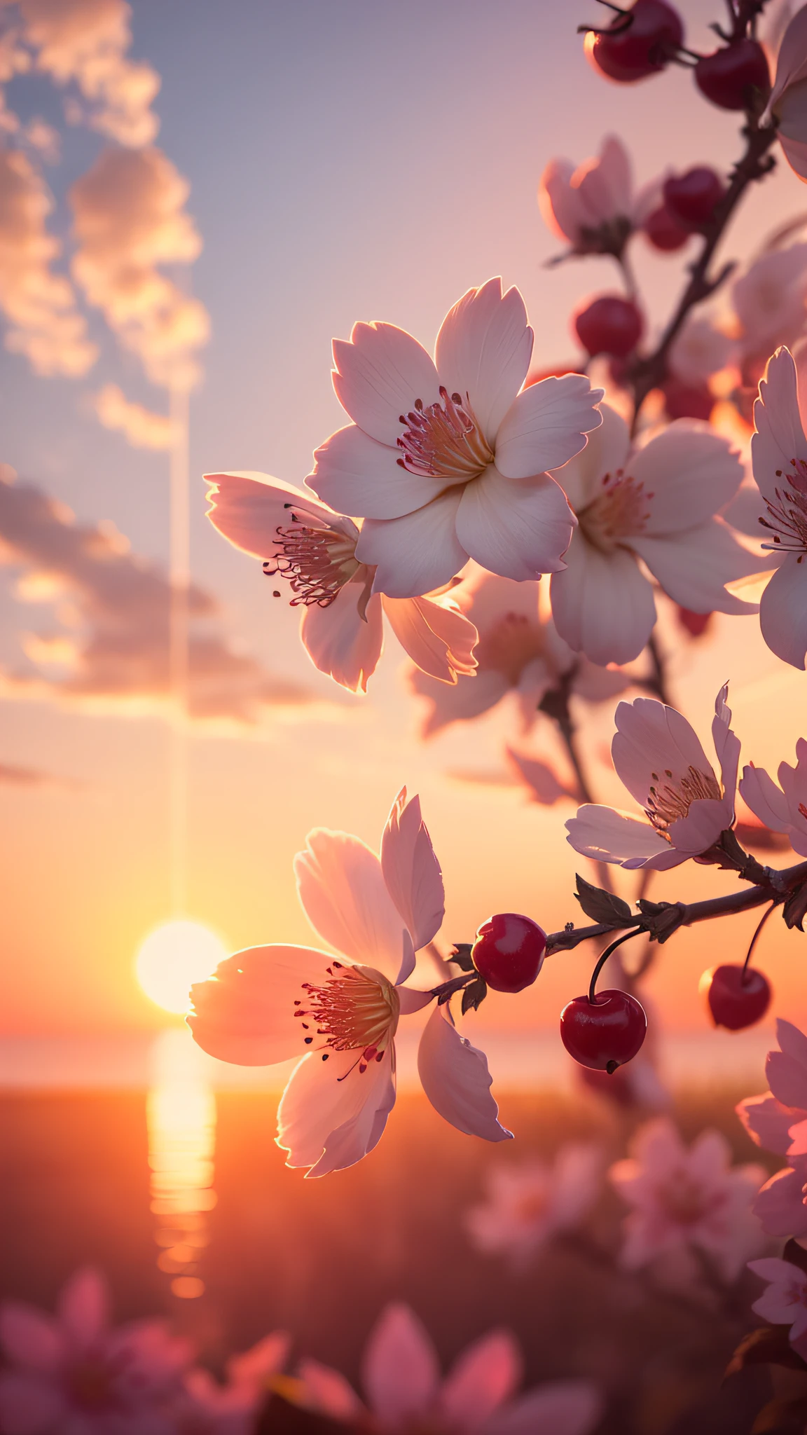 Creates a high-resolution image of a cherry blossom on a beautiful sunset afternoon, close up, ultra detailed, 8K, Sunshine Lights