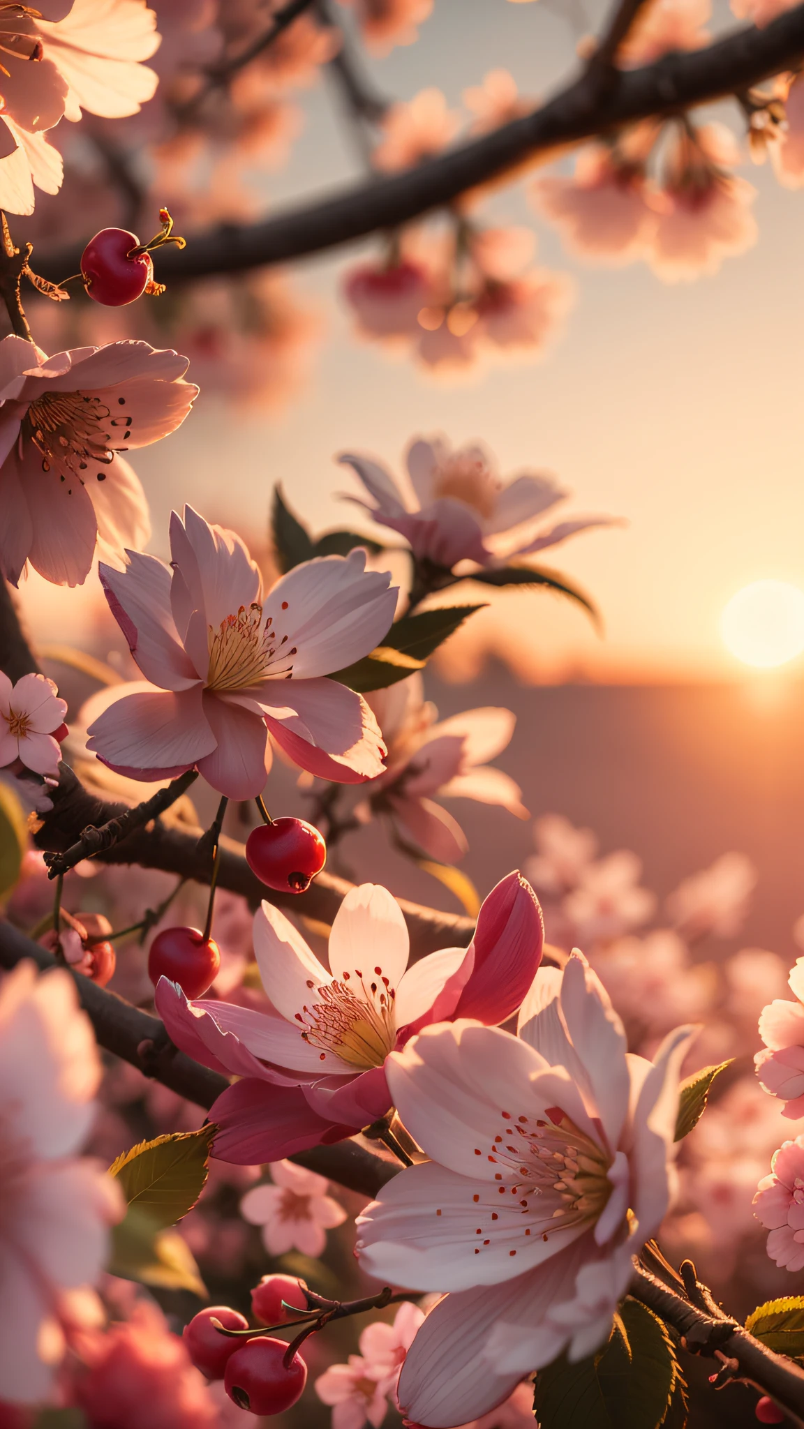Creates a high-resolution image of a cherry blossom on a beautiful sunset afternoon, close up, ultra detailed, 8K, Sunshine Lights
