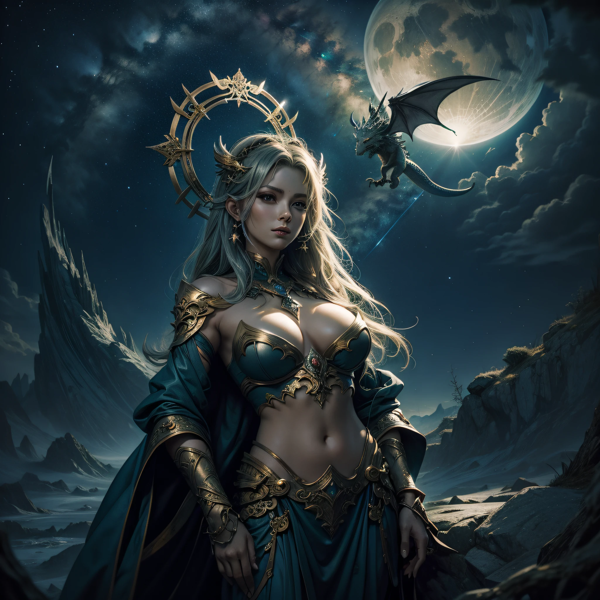 starrysky，High hills，There are goddesses，There is a dragon around，big breasts beautiful，Overhead halo，offcial art，GameCG，imagining，A detailed，k hd，
