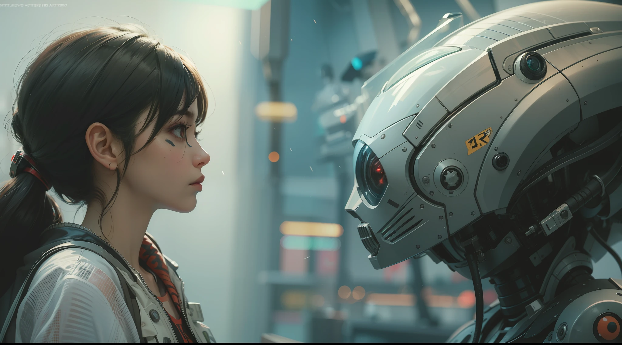 (best qualtiy,ultra - detailed,Best Illustration,Best shadow,masterpiece,A high resolution,professionalartwork,famous artwork),sci-fi,It depicts a young couple wearing colored sclera and a huge alien big cute with robot eyes, by Makoto Shinkai,by Artgerm,by wlop,by Greg Rutkowski,Volumetric lighting,octane render,4K,Trending on ArtStation,masterpiece