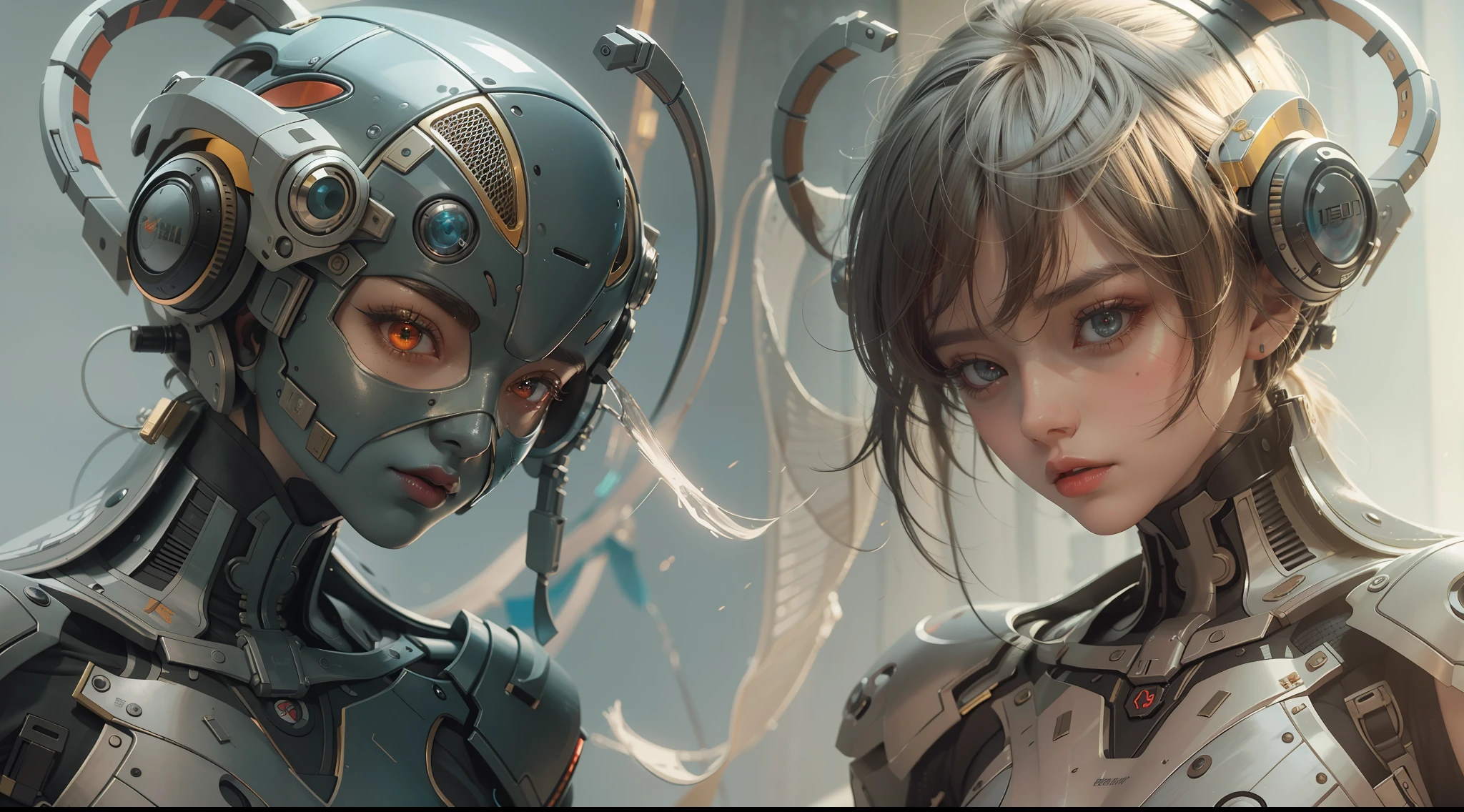 (best qualtiy,ultra - detailed,Best Illustration,Best shadow,masterpiece,A high resolution,professionalartwork,famous artwork),sci-fi,It depicts a young couple wearing colored sclera and a huge alien big cute with robot eyes, by Makoto Shinkai,by Artgerm,by wlop,by Greg Rutkowski,Volumetric lighting,octane render,4K,Trending on ArtStation,masterpiece