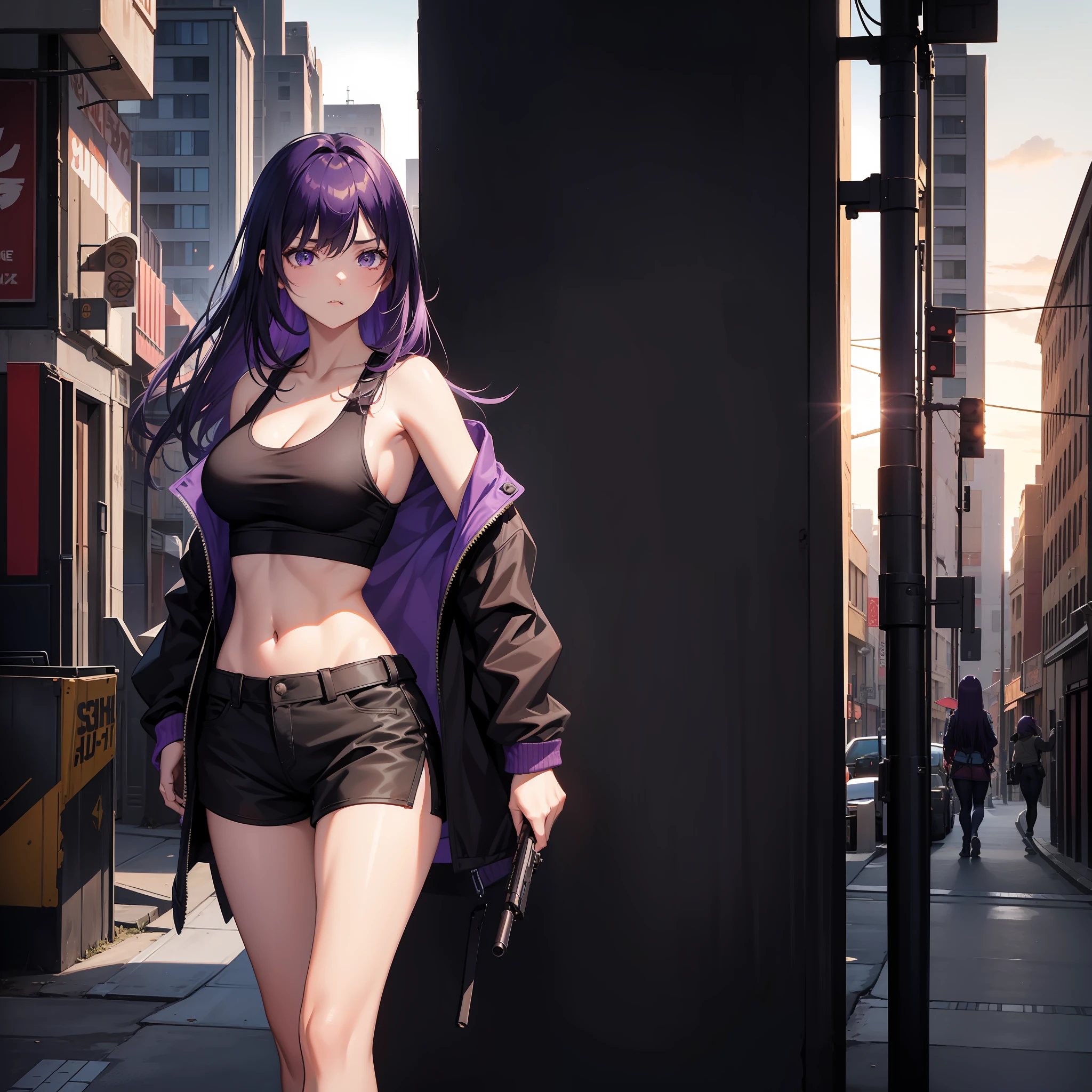 Gunfight girl,Girl with a gun,shadowy,the street,Cool,solo person,meticuloso,hair straight,Long flowing hair,meticuloso,closeup cleavage,Open navel,realisticlying,frontage,standing on your feet,Sport Tank Top,Wear a coat,Purple colored hair