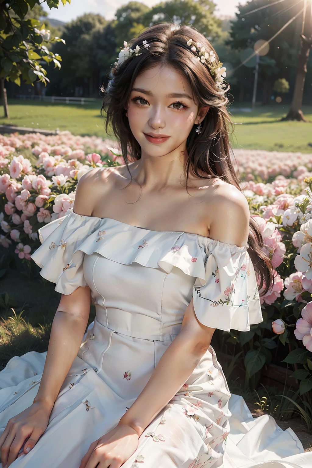 Best quality, masterpiece, ultra high res, (photorealistic:1.4), raw photo, 1girl, white dress, off shoulder, blossom flower field, glowing skin, light smile