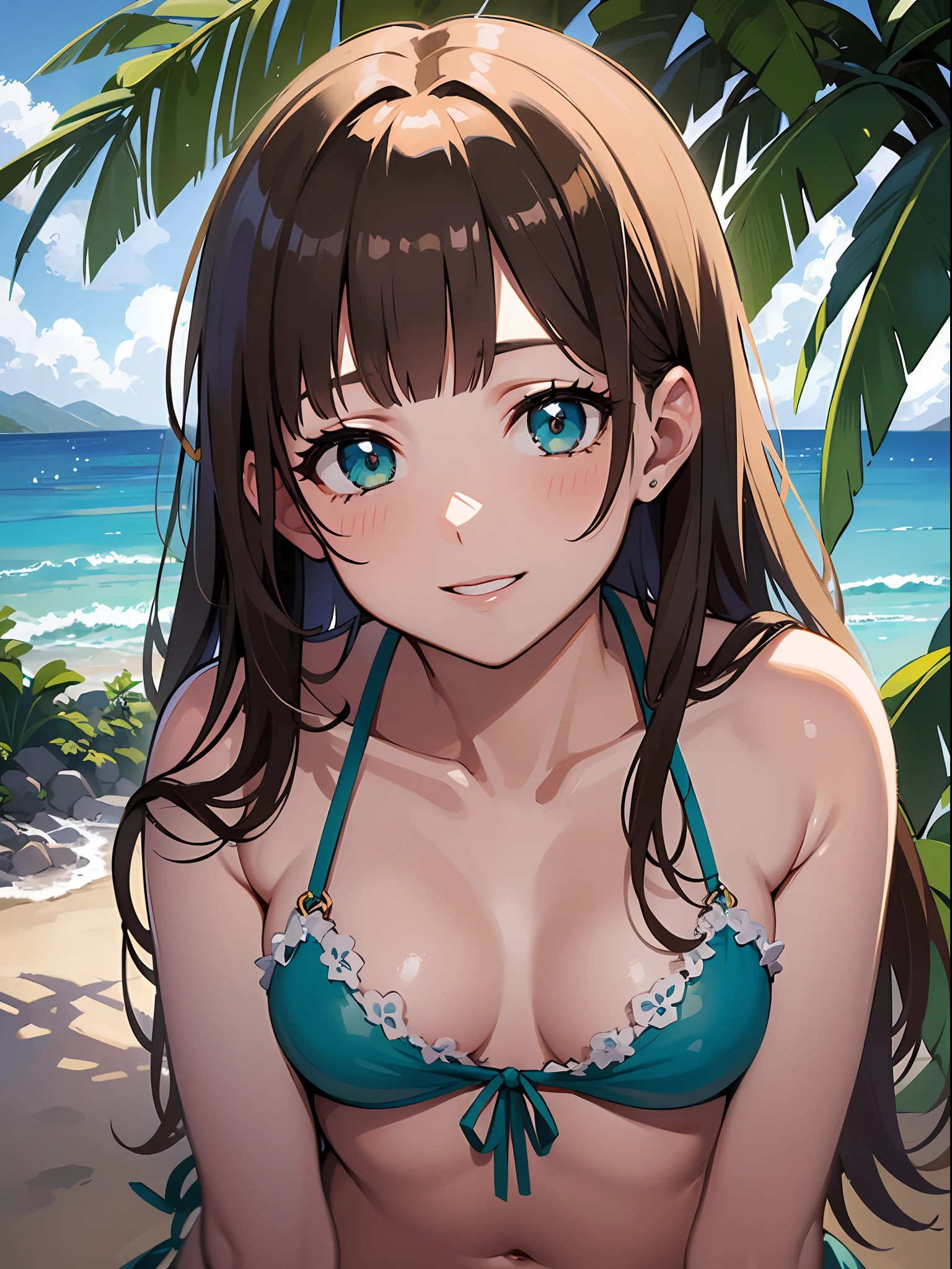 (masterpiece:1.3), (best quality:1.3), high resolution,
upper body,
leaning forward, body facing forward,
(one cute girl:1.3), solo,
white skin, small Breast, eight-headed person,
light brown hair, long hair, straight hair, (blunt bangs:1.2), beautiful hair, green eyes, drooping eyes, beautiful detailed eyes,
cheerful smile,
bikini,
outdoors, ocean, beach,
shadowlighting,