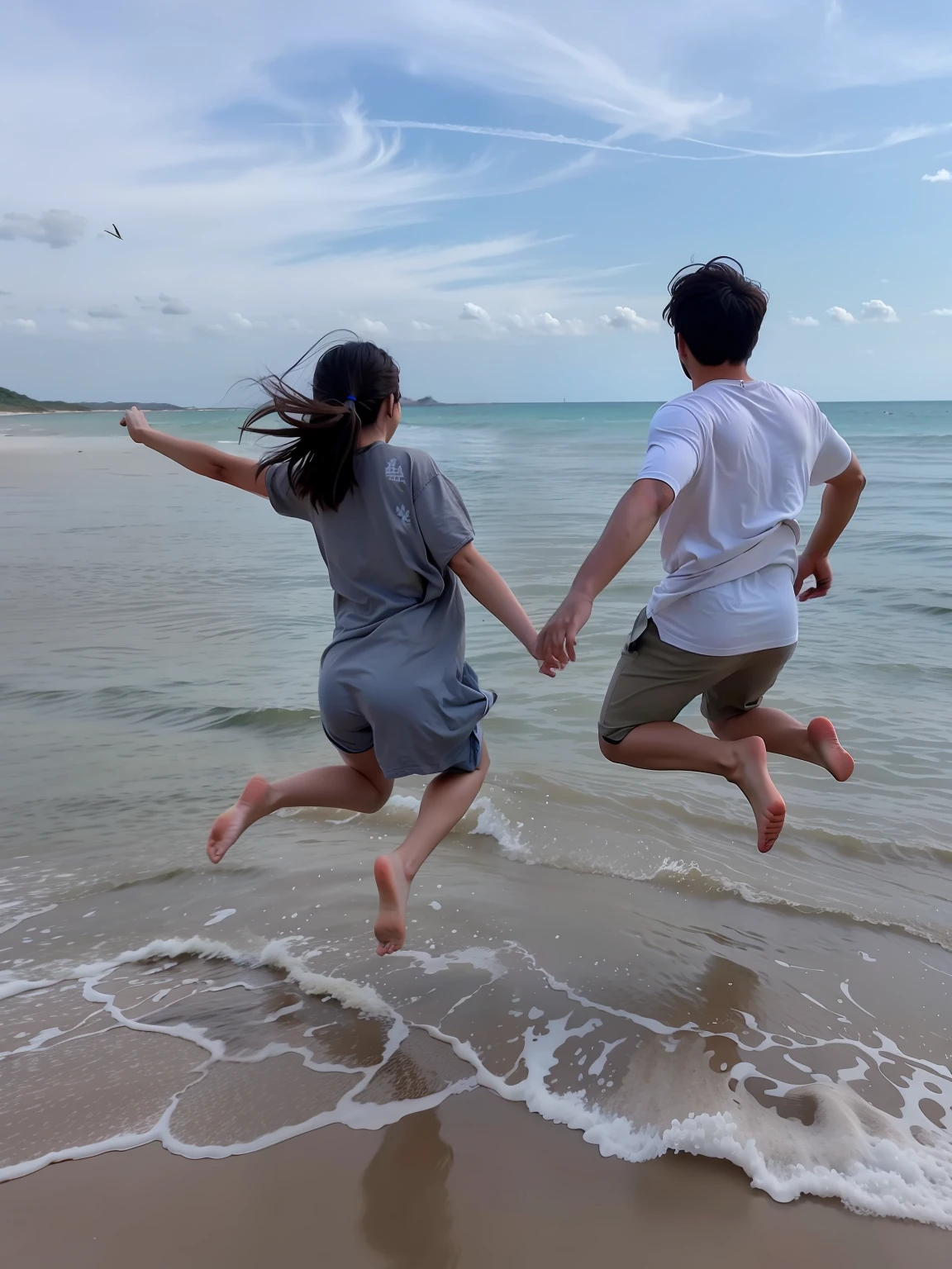 Together they jump on the beach, jumping towards viewer, Correr libremente, In the sea, leaping towards viewer, Have by the sea, Leaping, jumping for joy, Dancing on the beach, horizontally leaping!!!, In a sea, On the ocean, leaping into the air, on the ocean water, Jumps