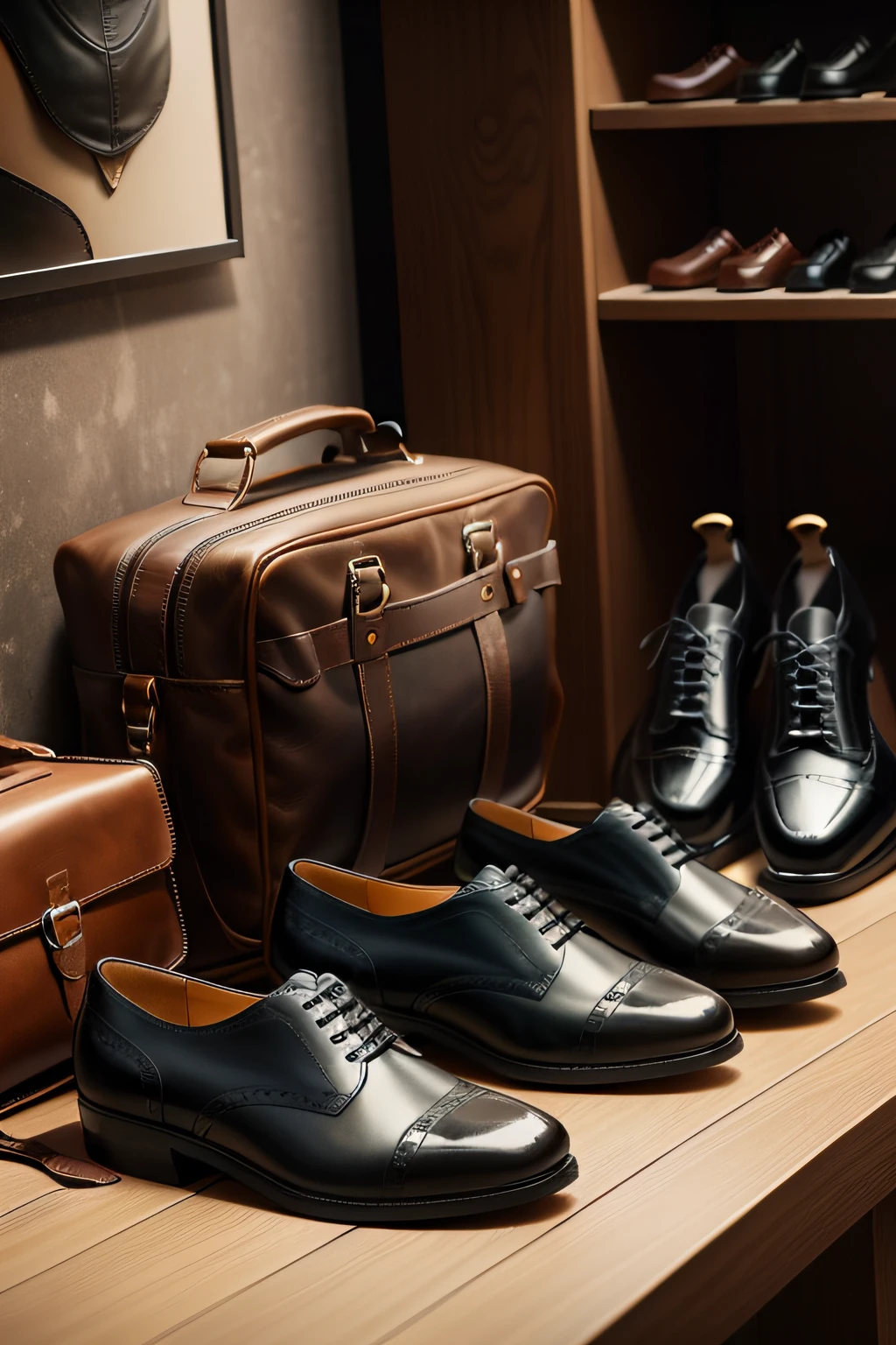 Leather bags, leather shoes, still life display