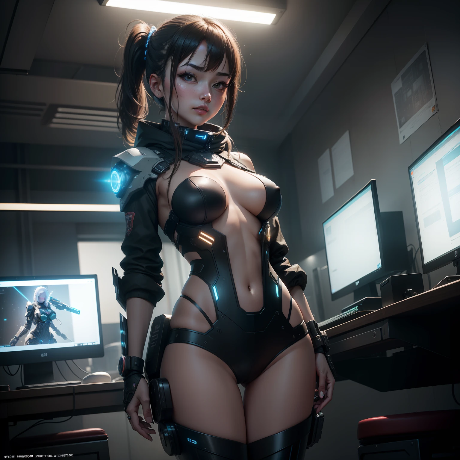 ((top-quality)), ((​masterpiece)), (High Detail:1.3), 3D, Beautiful fece (cyberpunked:1.3) Female hacker with short brown hair posing for photo、Computer Server、LCD Screen、Fiber Optic Cable、corporate logos、HDR(HighDynamicRange)、Ray traching、NVIDIA RTX、Hyper-Resolution、Unreal 5、sub-surface Scattering、PBR Texturing、post processed、Anisotropy Filtering、depth of fields、Maximum clarity and sharpness、multi-layer texture、 Albedo and specular maps、Surface Shading、Accurate simulation of light-material interactions、perfectly proportions、Octane Render、Two-tone lighting、Low ISO、White Balance、thirds rule、Wide diameter、8K RAW、Efficient Subpixel、sub-pixel convolution、Luminescent particles、barechested