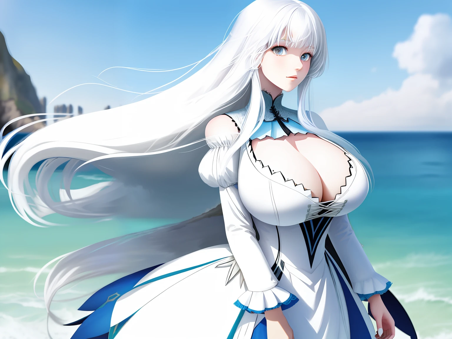 White-haired girl，long whitr hair，Have by the sea，Super big breasts，Beautuful Women