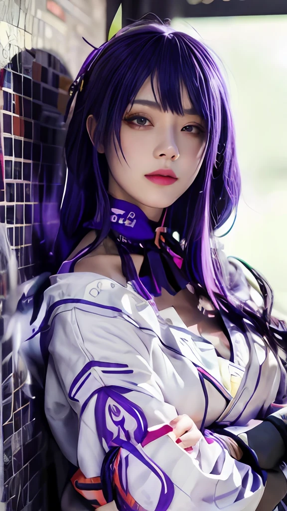(masterpiece, best quality, 1girl, solo, intricate details, chromatic aberration), realistic, ((medium breath)),long hair, purple hair, purple head ornament, purple highlights, hair over one eye, green eyes, sharp eyes, choker, neon shirt, torn legwear, open jacket, turtleneck sweater, against wall, brick wall, graffiti, dim lighting, alley ,look at viewer,
