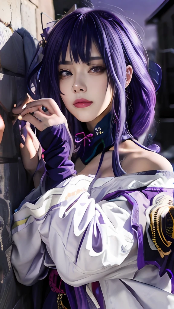 (masterpiece, best quality, 1girl, solo, intricate details, chromatic aberration), realistic, ((medium breath)),long hair, purple hair, purple head ornament, purple highlights, hair over one eye, green eyes, sharp eyes, choker, neon shirt, torn legwear, open jacket, turtleneck sweater, against wall, brick wall, graffiti, dim lighting, alley ,look at viewer,