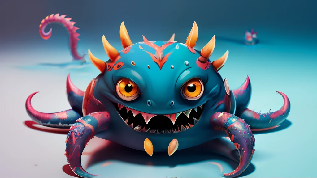 A fantz monster design, Funny, Ultra detailed, Cute,A mixture of shark and tiger, Colorful, Cross-eyed,the sea, Waves, Fight,Water dances around the body,Crab tongs,musculature,Tentacle,Blue transparent water,