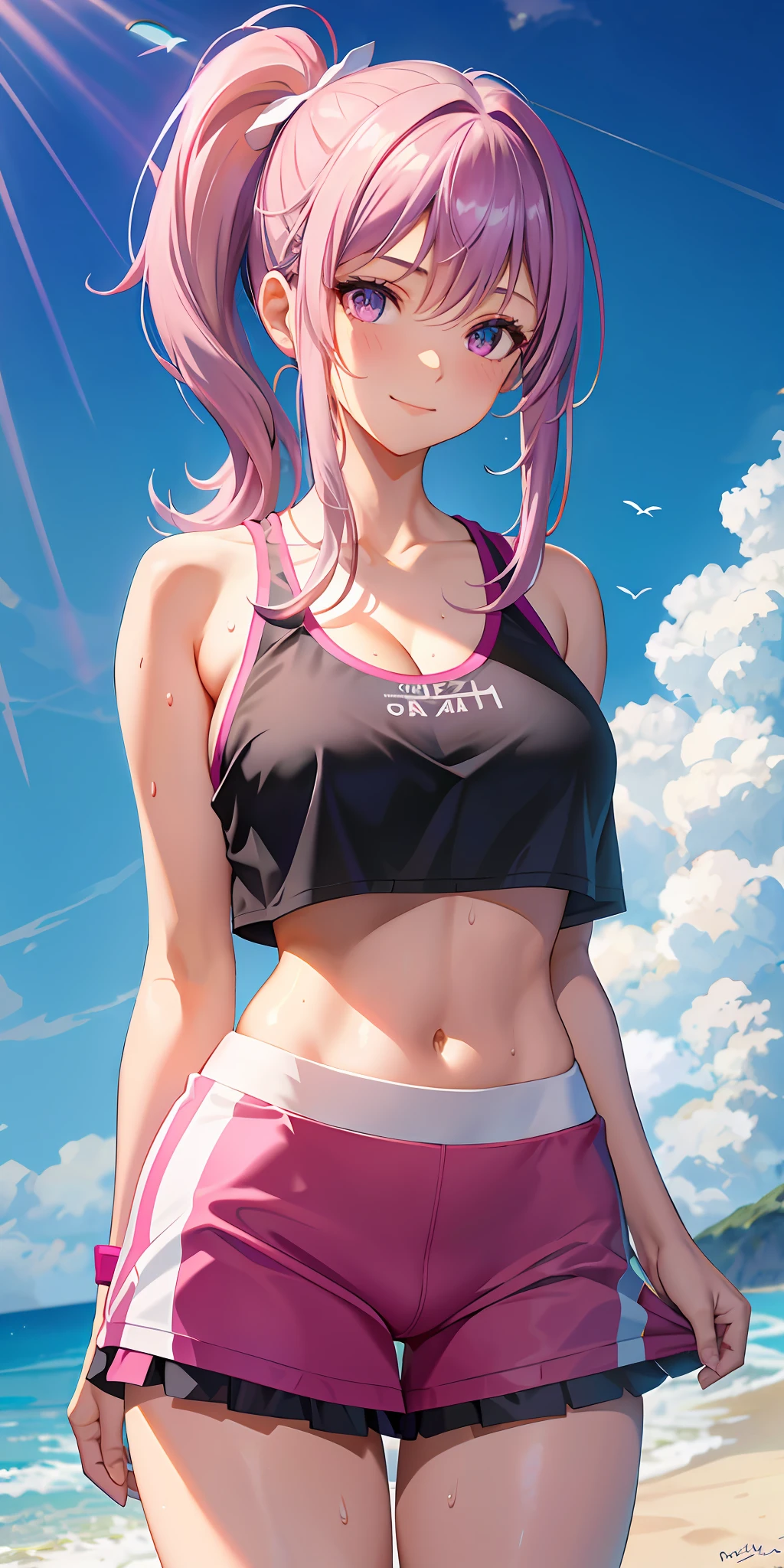 realisticlying，1girl，pony tails，harelip，Blushlush，putting makeup on，Light smile，Purple colored hair，track suit，a skirt，wetclothes，with light glowing，upper legs，Purple eye，Bare shoulders，鎖骨，a narrow waist，rays of sunshine，rays of sunshine，rosette，ventania，cleavage, (tmasterpiece), sweat leggs,