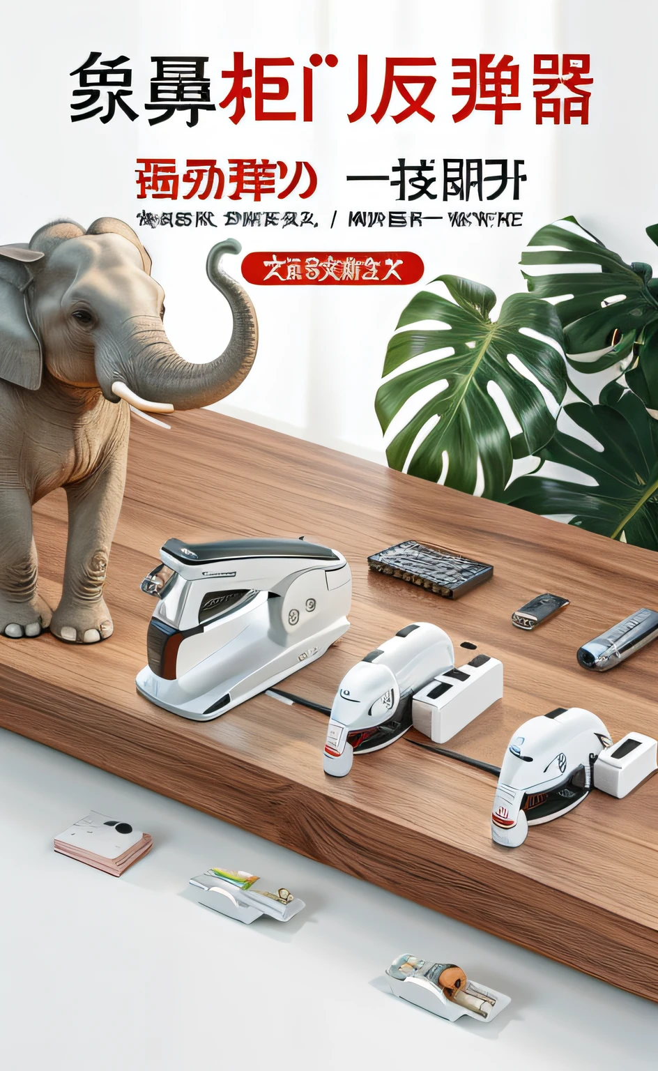 There is a picture of an elephant standing on a table with a stapler, High quality], product introduction photos, 8k --height 768, Extremely quality, High quality material BSSRDF, product - view, Official product image, 🦩🪐🐞👩🏻🦳, product introduction photos, Detailed picture