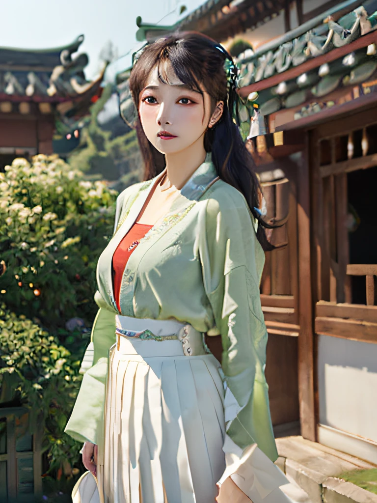 (8k, best quality, masterpiece:1.2), (realistic, photo-realistic:1.2),(sky of background: 1.2),guzhen,looking at viewer, 1girl,perfect face, perfect eyes,large breasts,perfect skin,make happy expressions,gorgeous,pure,light make up,jade jewelry,hair ornament,hair band,looking at viewer,colorful,(hanfu, song style outfits, 1girl, green short shan, white pleated skirt, red songmo), outdoors,east asian architecture,clear sharp focus,instagram most viewed,volumetric lighting,cinematic effects,cinematic lighting,hdr,wallpaper,Megapixel,highres,Intricate details,ultra detailed,8k,by wlop,
