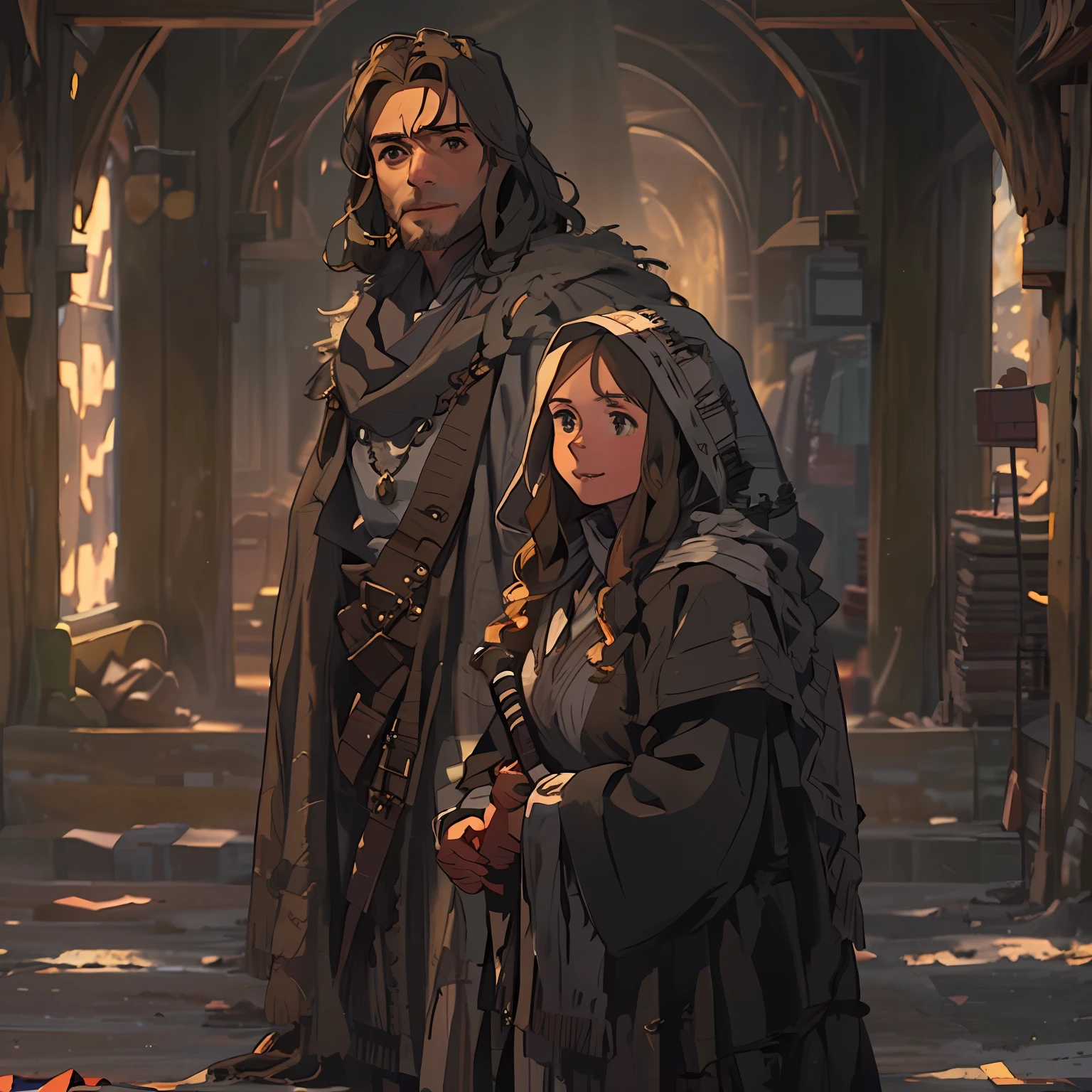 Duo woman and man, Hi-Def, ultradetail, Computer-generated image, European facial features, realeme fentezi, Pattern, portraite of a, Girl 36 years old, dark brown long hair, dark eyes, Smiling, dressed in an old shabby cloak, a beautiful handkerchief wrapped around her head;, Clarity 8 cc.SM. SM, scenery: Huge throne room with large windows, A girl in an old cloak stands near the throne, In the foreground, The sword is stuck in the floor and in the hands of two precious stones, In the background near the throne is a man, Man Hugging Girl, The girl looks at the sword,