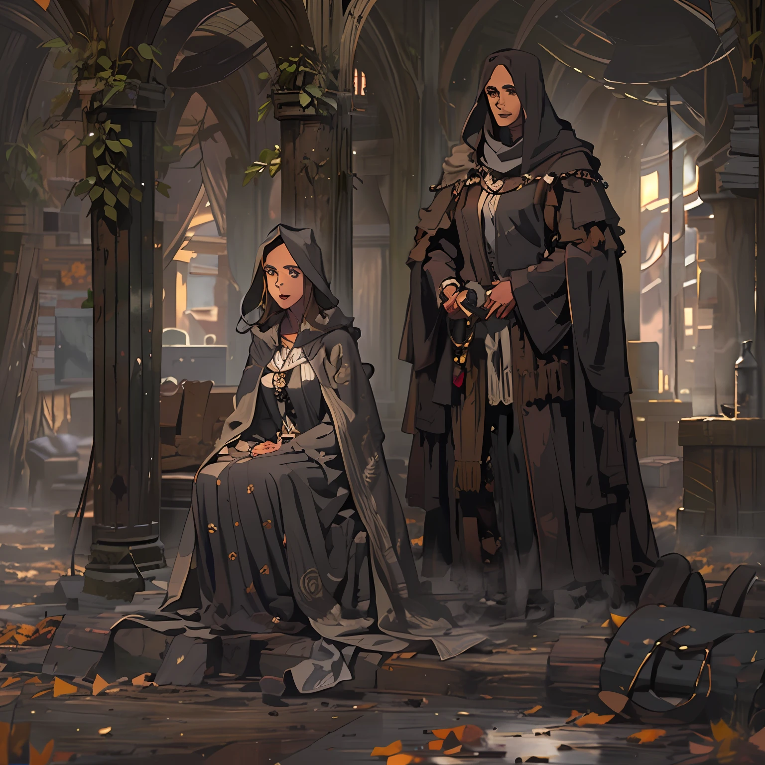 Duo woman and man, Hi-Def, ultradetail, Computer-generated image, European facial features, realeme fentezi, Pattern, portraite of a, Girl 36 years old, dark brown long hair, dark eyes, Smiling, dressed in an old shabby cloak, a beautiful handkerchief wrapped around her head;, Clarity 8 cc.SM. SM, scenery: Huge throne room with large windows, A girl in an old cloak stands near the throne, In the foreground, The sword is stuck in the floor and in the hands of two precious stones, In the background near the throne is a man, Man Hugging Girl, The girl looks at the sword,