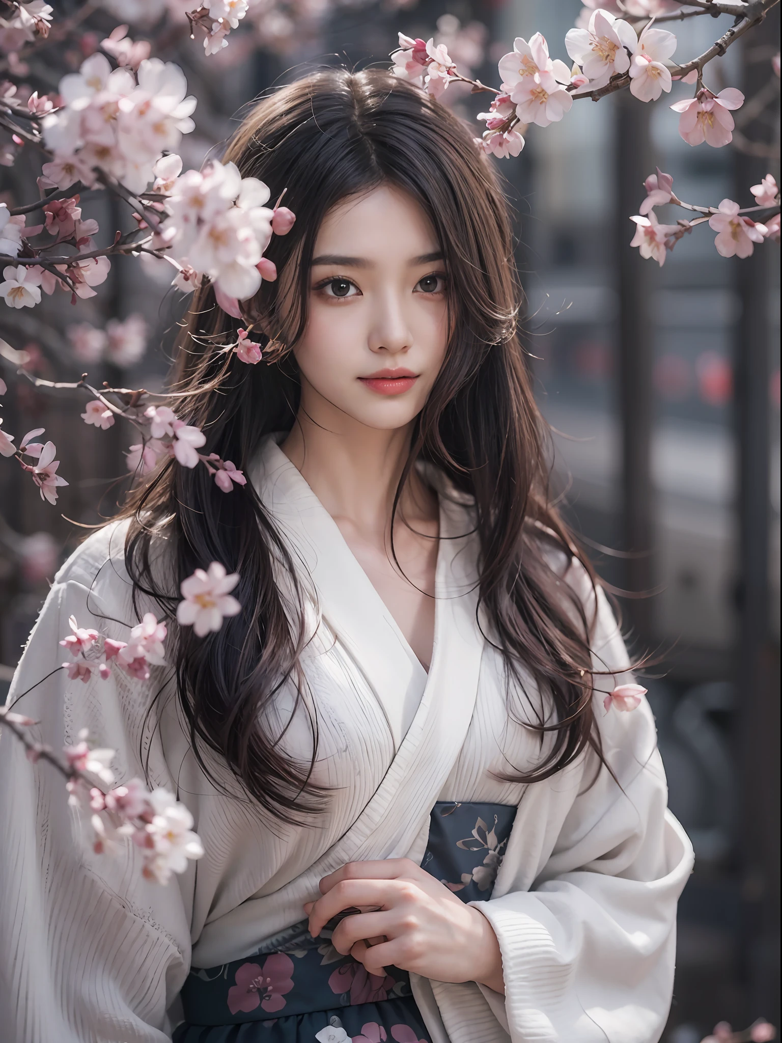 best qualtiy,tmasterpiece,超高分辨率,(realisticlying:1.4),RAW photogr,1girll,brunette color hair,Long flowing hair,shiny skins,dramatic lighting,(ssmile:1.2)Bust photo,Plum blossoms,