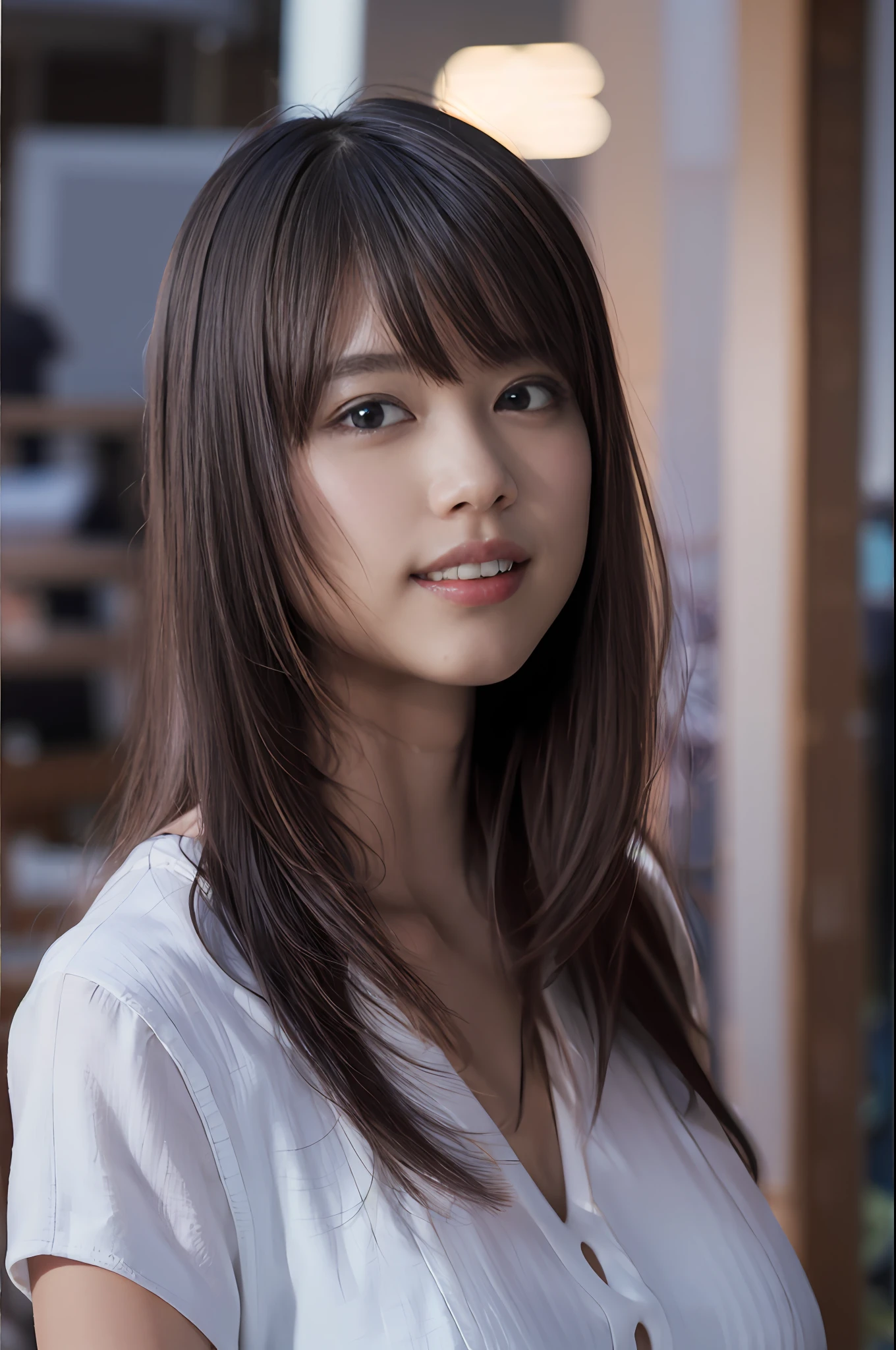 (8k, RAW photo, top quality, masterpiece: 1.2), (realistic, photorealistic: 1.37), ultra detail, ultra high resolution, one girl, beholder, beautiful detailed face, smile, constriction, (slim waist): 1.3), shirt, beautiful detailed skin, skin texture, floating hair, professional lighting, big breasts, kind eyes, white sleeveless, peering, upper body, water