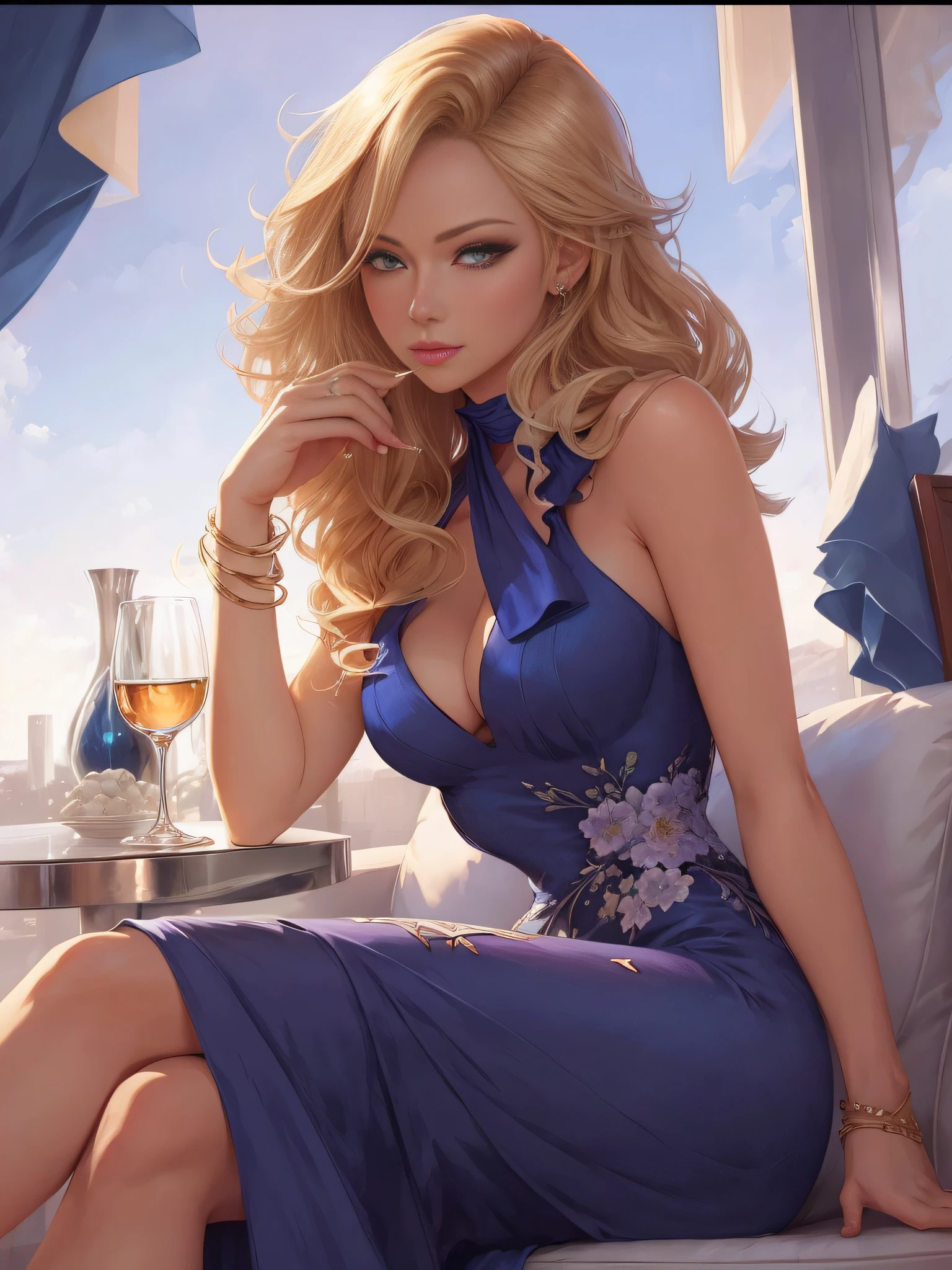 Blonde woman in blue dress sitting on sofa drinking a glass of wine, Style Artgerm, Look at the camera，beautiful and seductive anime woman, Beautiful anime woman, Blonde anime girl with long hair, seductive anime girls, stunning art style, Extremely detailed Artgerm, attractive anime girls, art-style, digital art of an elegant, Beautiful anime girl, High-quality fanart