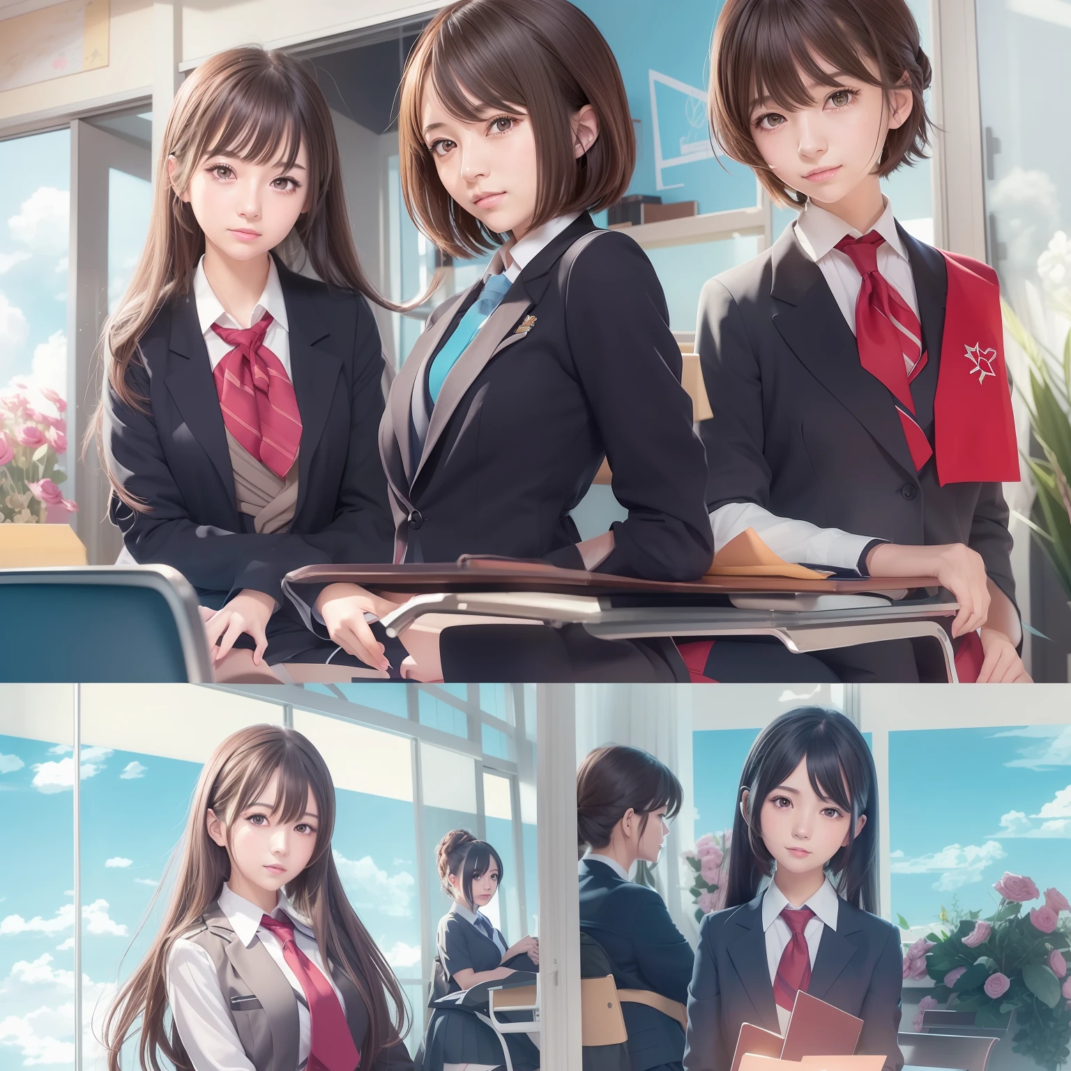 there are two pictures of a girl in a school uniform, visual novels CG, visual novel key visual, Smooth anime CG art, ; visual novel, visual novel, girls frontline style, in style of kyoto animation, Digital anime illustration, Kantai collection style, Beautiful Anime High School Girls, Anime girls, Girls Frontline CG, Realistic schoolgirl, beautiful anime art style