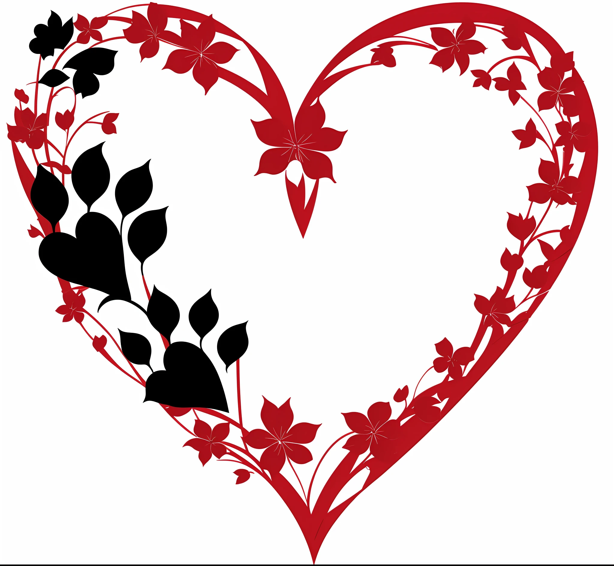 Close-up of a heart-shaped frame with flowers and butterflies, heart made of flowers, romantic simple path traced, black and red, red hearts, Red and black color, vector art for cnc plasma, with black background, heart symbol, with a black dark background, gothic harts, Heart, black and red only!!!, elegant!!