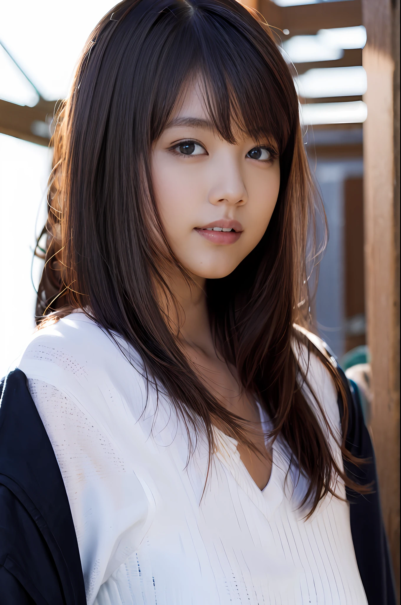 (8k, RAW photo, top quality, masterpiece: 1.2), (realistic, photorealistic: 1.37), ultra detail, ultra high resolution, one girl, beholder, beautiful detailed face, smile, constriction, (slim waist): 1.3), shirt, beautiful detailed skin, skin texture, floating hair, professional lighting, , kind eyes, white sleeveless, peering, upper body, water
