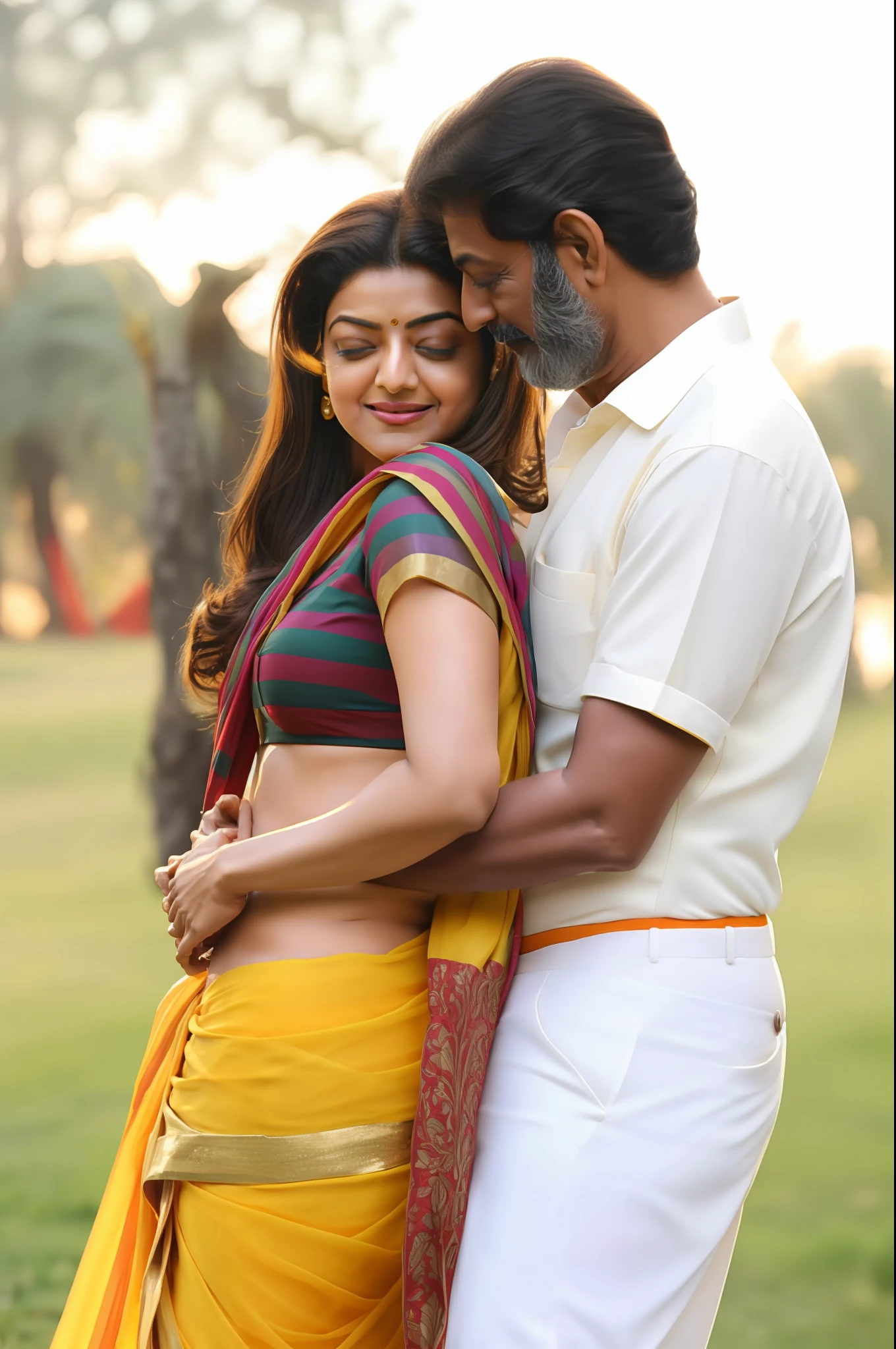 A 90 years old man and kajal Agarwal in the field,old man pressing she's navel tightly, kajal Agarwal, beautiful navel, white old man, ugly face old man, detailed old man,brown beard, kajal agarwal in gorgeous look, beutiful girl in yellow and violet colour sari,The black man face is a Americans old man, real life kajal Agarwal, Photo kajal,