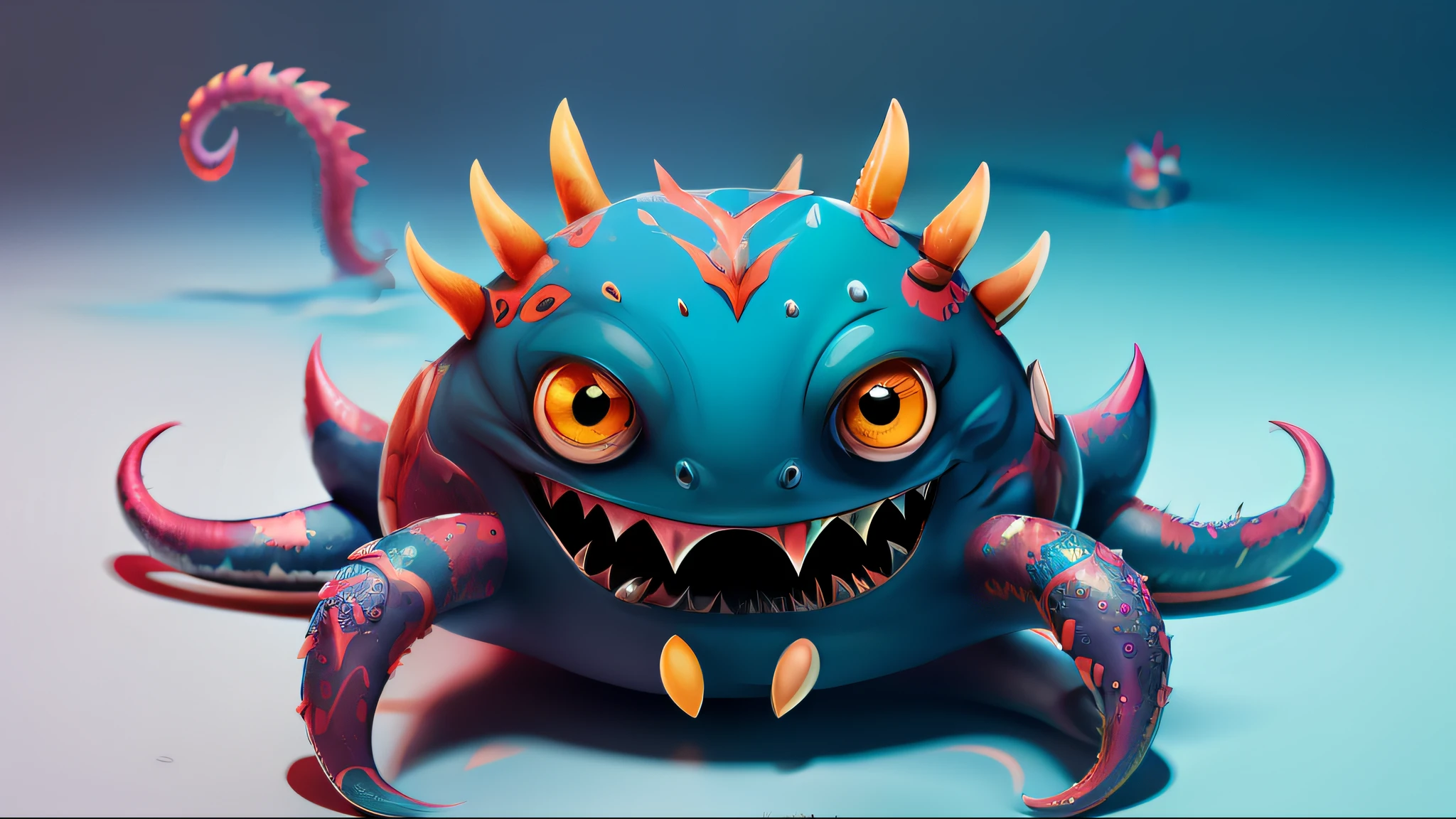 A fantz monster design, Funny, Ultra detailed, Cute,A mixture of shark and tiger, Colorful, Cross-eyed,the sea, Waves, Fight,Water dances around the body,Crab tongs,musculature,Tentacle,Blue transparent water,