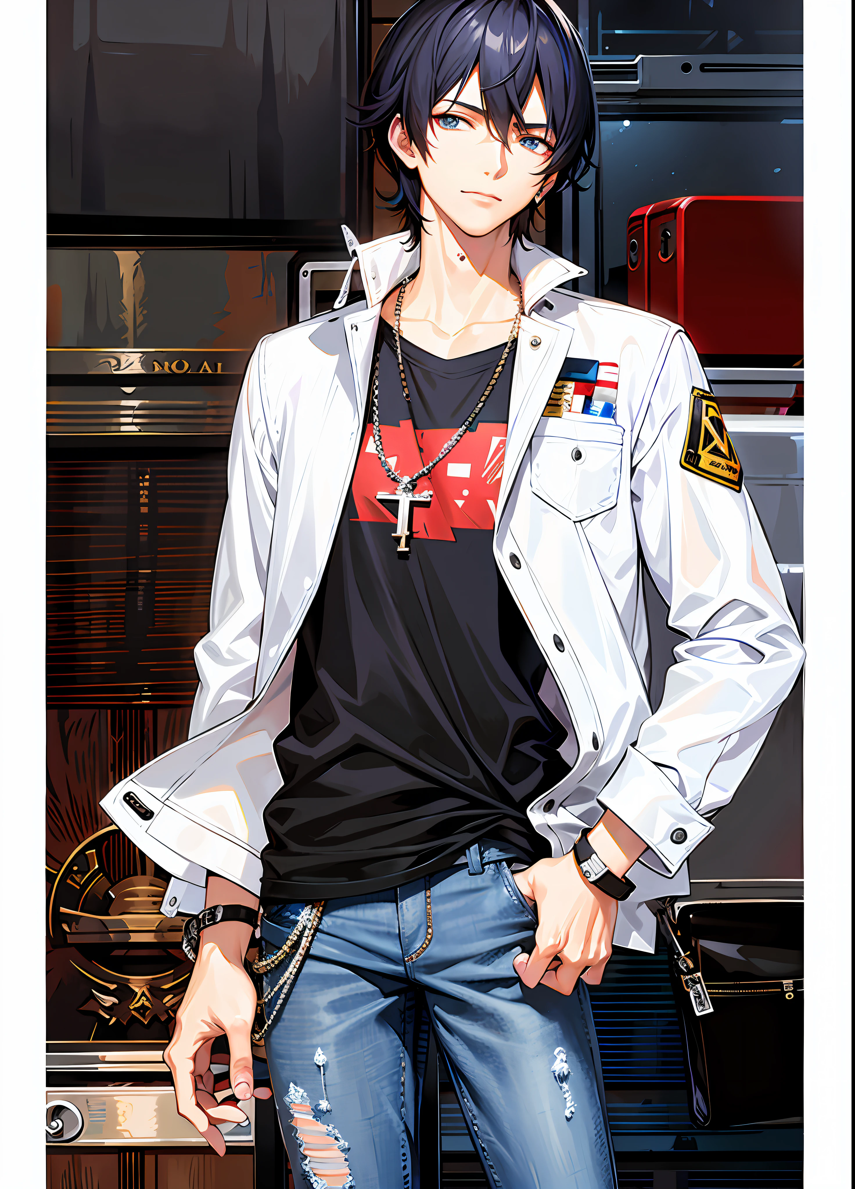 Anime - a stylish picture of a man in a white jacket and jeans, from girls frontline, mechanic punk outfit, girls frontline style, Fine details. Girl Front, From Arknights, shigenori soejima illustration, miura kentaro style, male anime character, royal attire akira, makoto kano, Tall anime guy with blue eyes, Key anime art, Male anime style