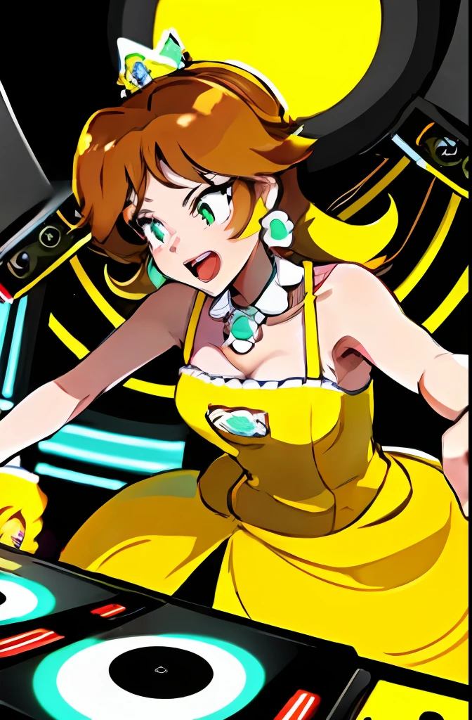 "A solo shot featuring Daisy_SM , in yellow dress a DJ, enegeticly showcasing her skills on the turntables at a vibrant rave."