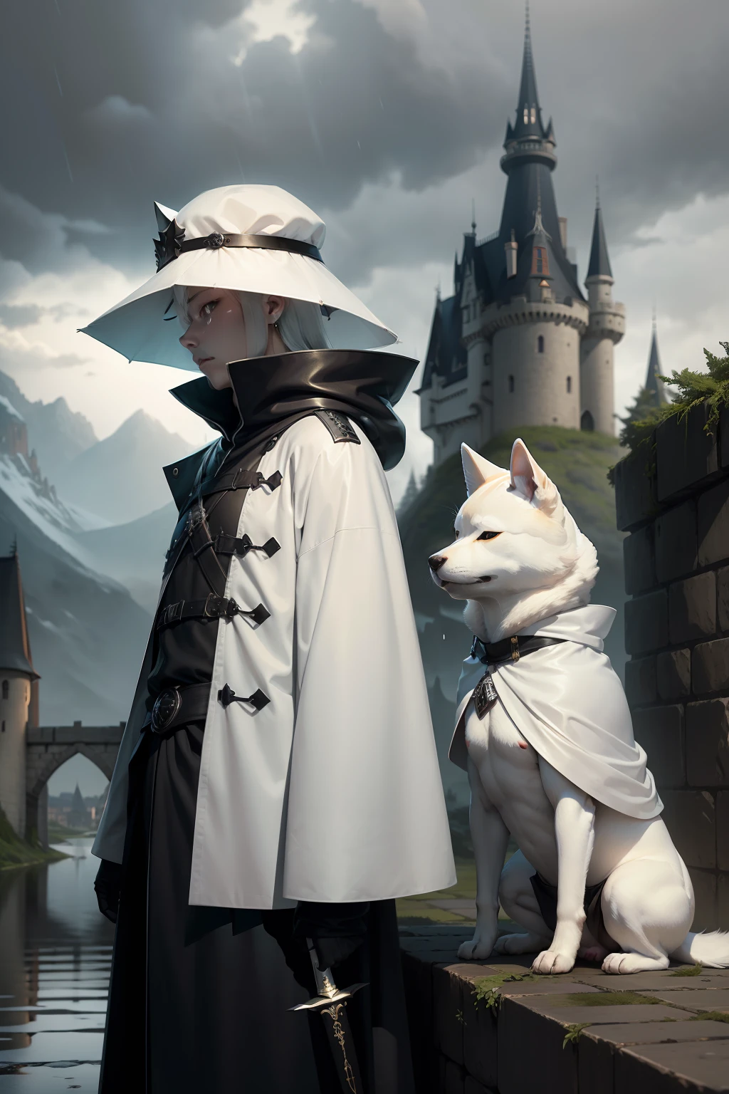 Pure white Shiba Inu,anthropomorphic turtle,Black cape,black toga,Cold,rainy evening,The long knife glows,castle wall,sideface