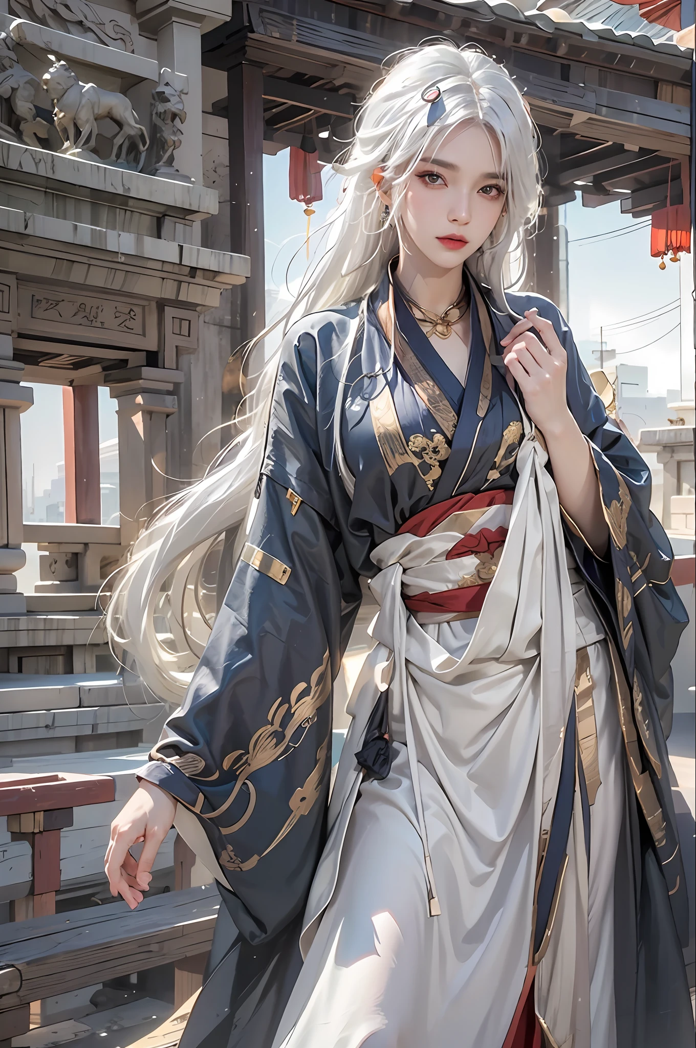 photorealistic, high resolution, 1women, solo, hips up, look at viewer, (detailed face), white hair, long hair, Taoist robe,oversized clothes, jewelry